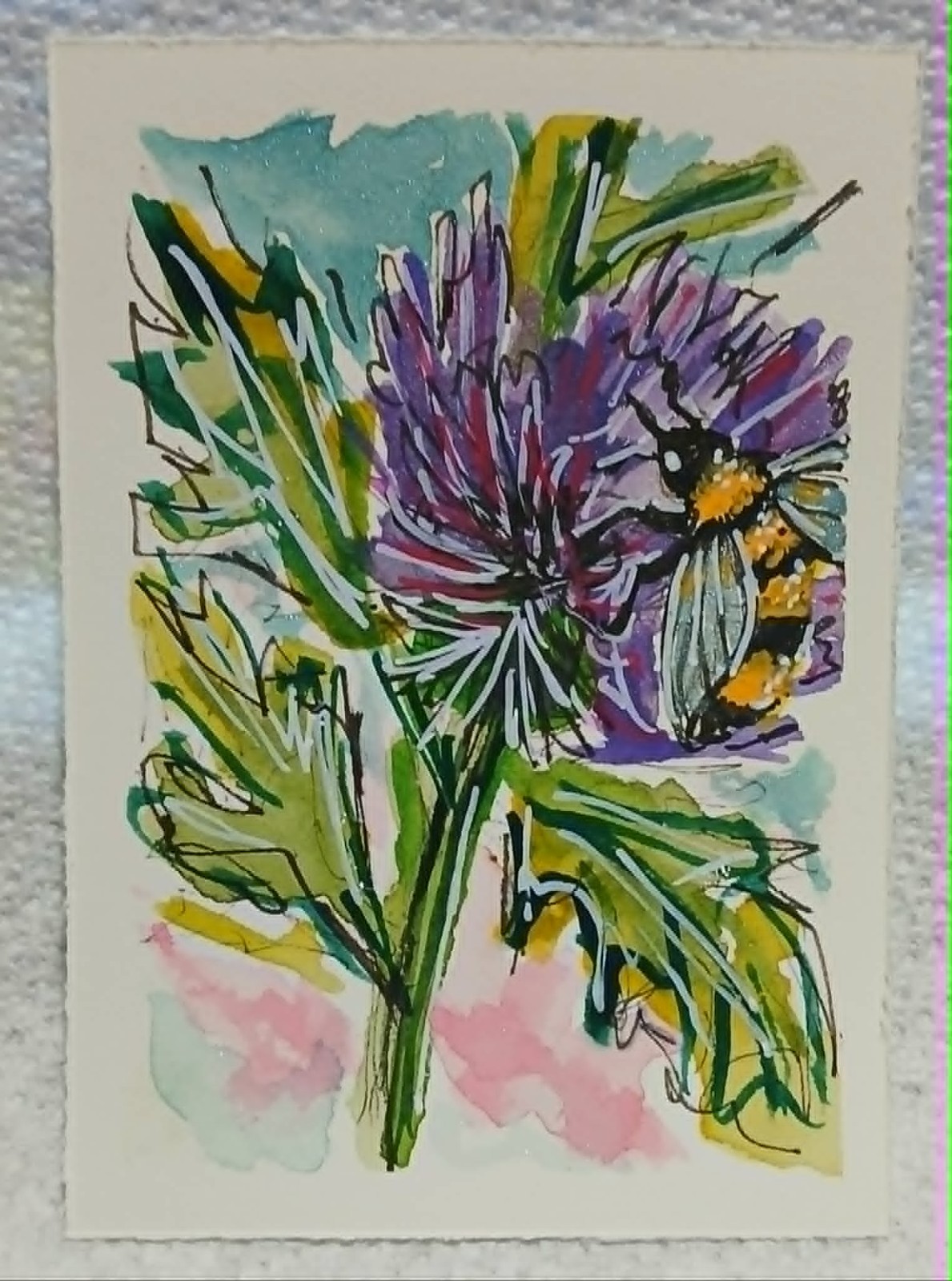 Bee on Thistle — OOAK Watercolor Scribble ACEO • Bees & Blooms Series