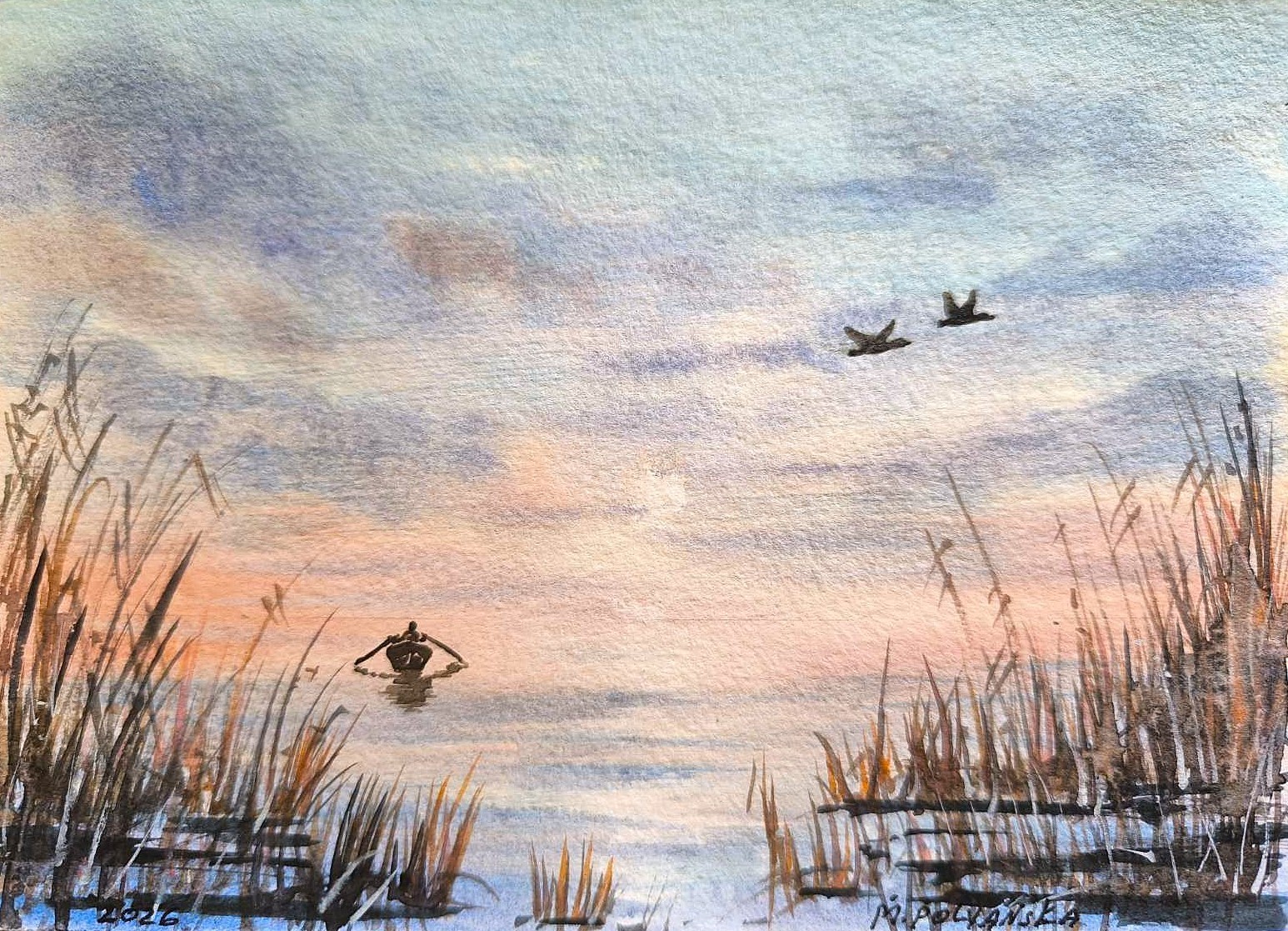 LONELY FISHERMAN BOAT Original Painting Artwork Landscape DUCKS Seascape Gift A5