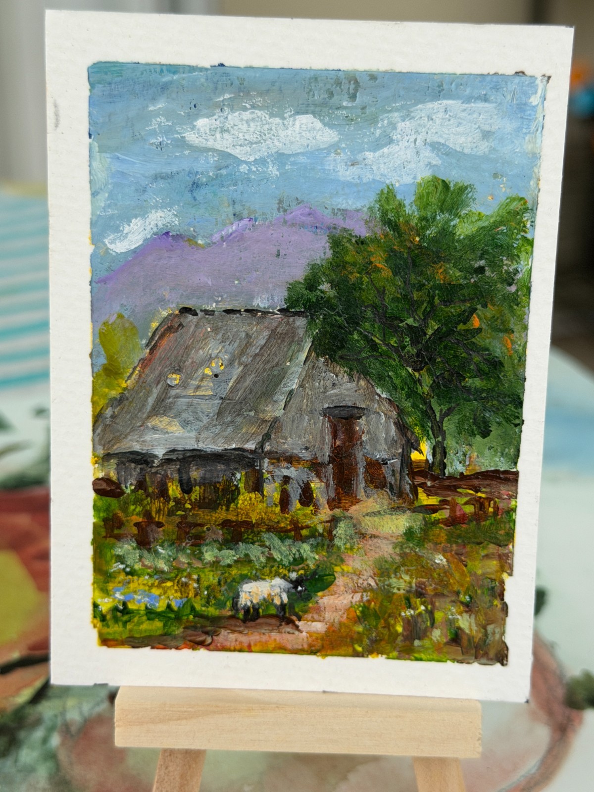 Aceo Farm sheep garden barn impressionist whimsical americana landscape mountain