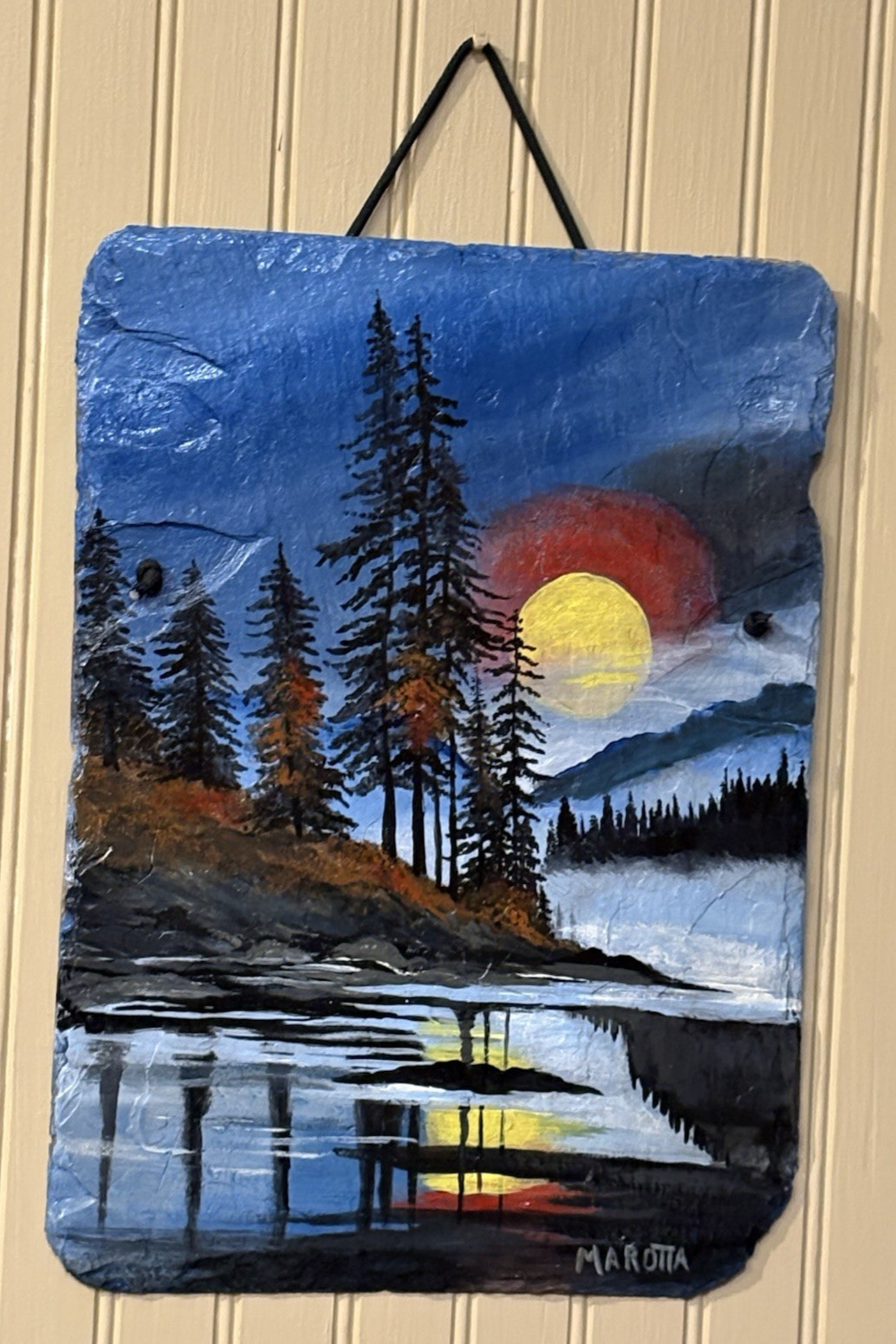 Hand painted Art Acrylic Painting On Slate lake water,pine tree, sunrise Scene