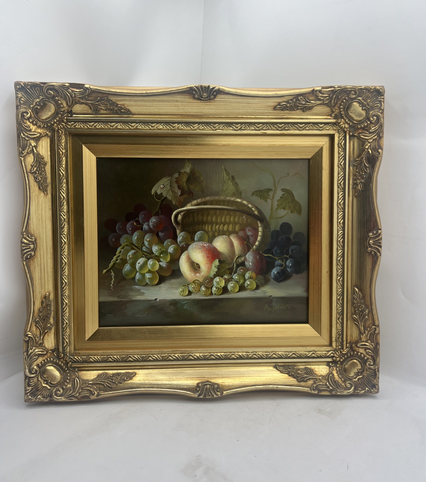 Vintage Framed Original Oil Painting Still Life Fruit Grapes,Peaches SIGNED