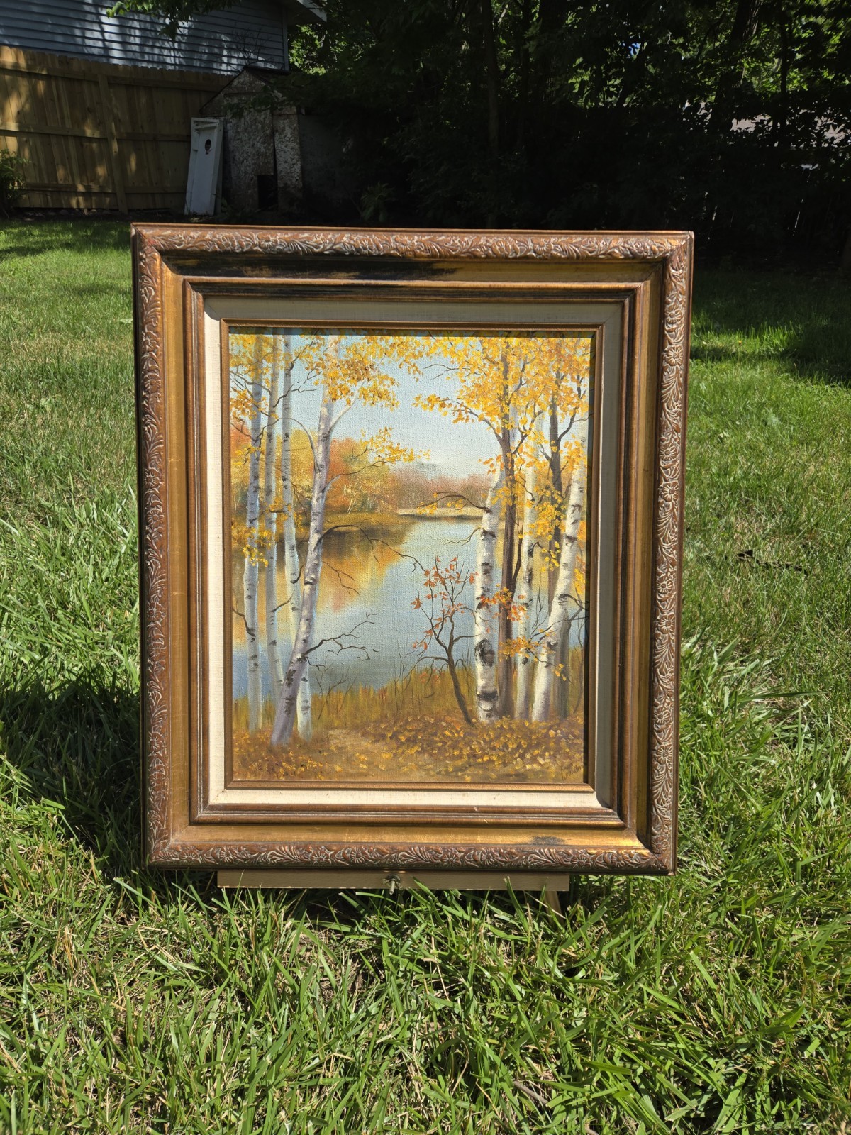 Vintage Original Oil Painting Birch Trees Autumn Forest Signed Ornate Wood Frame