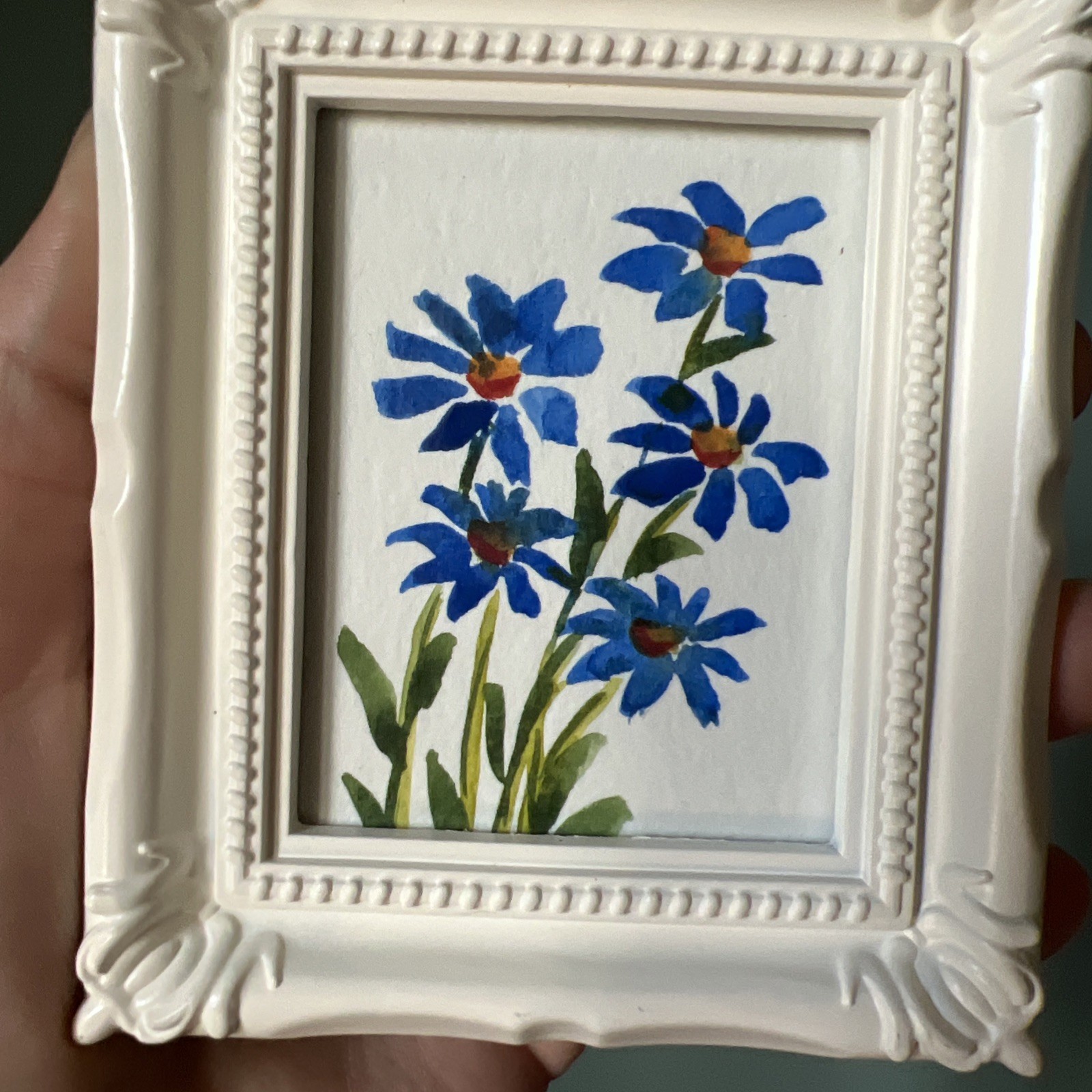 Blue Daisies Flowers,original Watercolor,miniature Painting,small,mini,framed