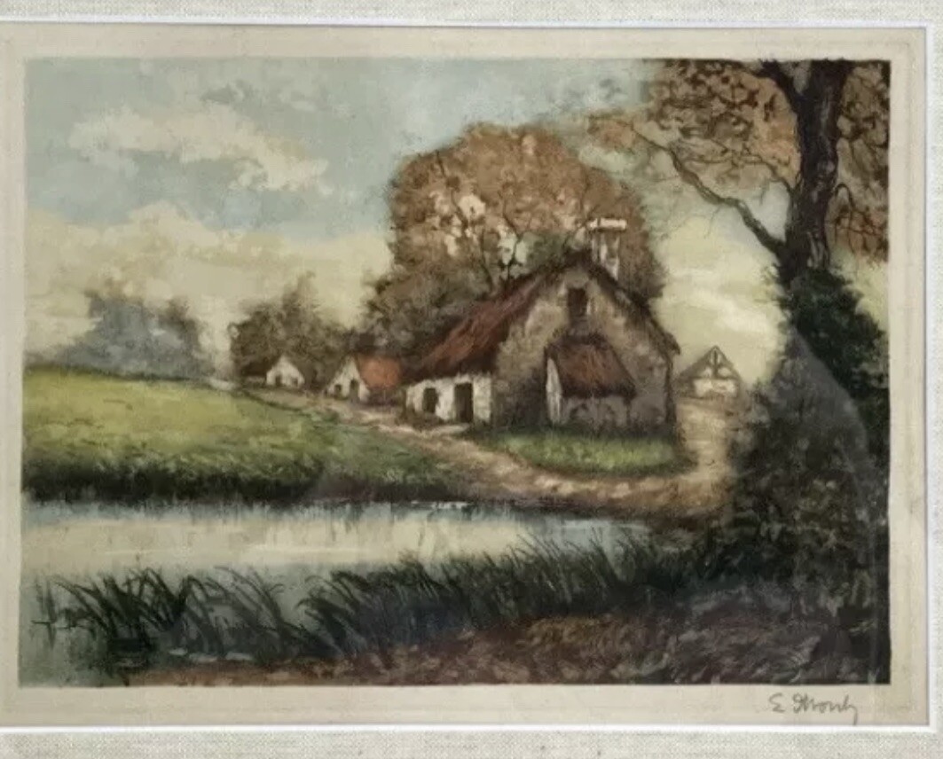 Country Scene Cottage Barn Landscape Watercolor Painting Signed Framed Inlay