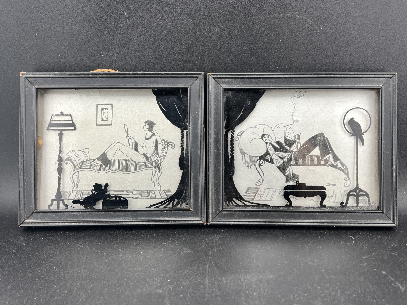 TWO VINTAGE ART DECO Silhouettes Reverse painted on Glass by Deltex CO 1930s