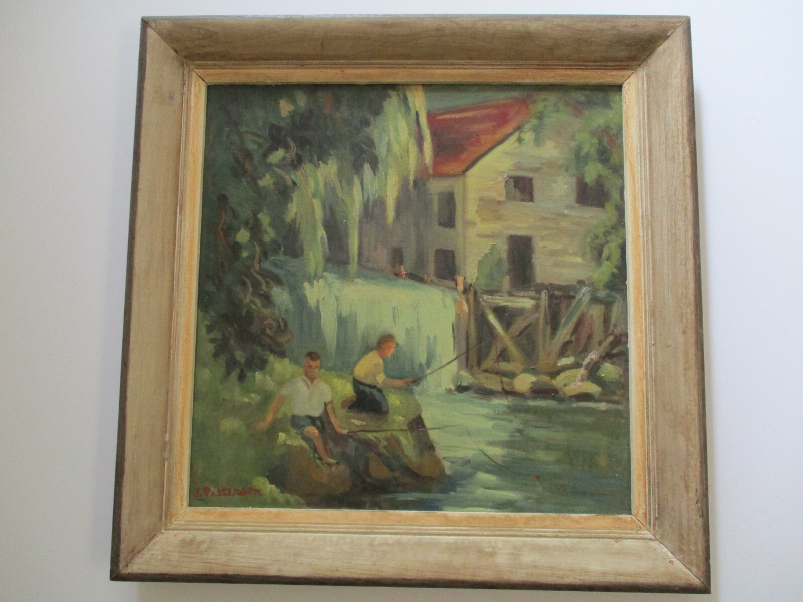 JANET PATTERSON PAINTING RARE ANTIQUE FISHERMAN FISHING LANDSCAPE REGIONALISM