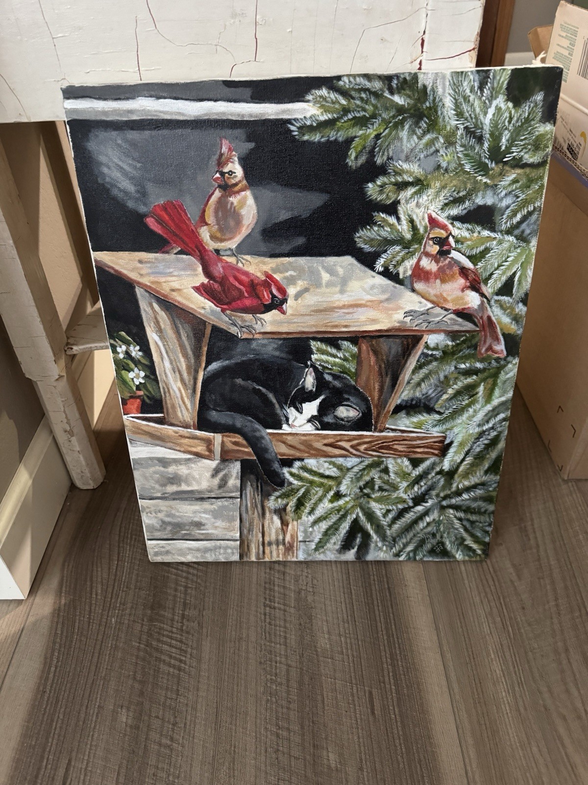 Vintage Signed 1997 Painting On Canvas Cardinals With Black Cat On Feeder