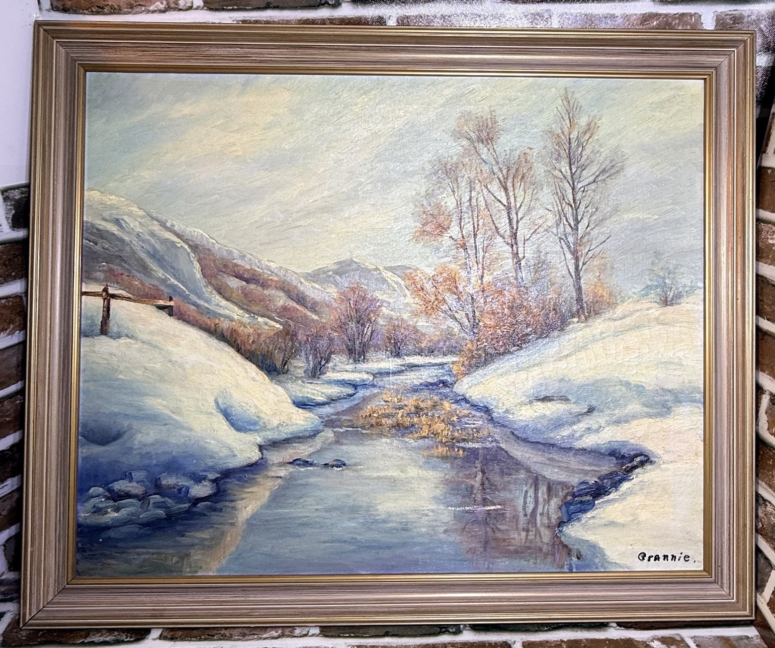 Original Oil Painting Winter Mountain River Landscape Artwork Signed 33.5×27.5