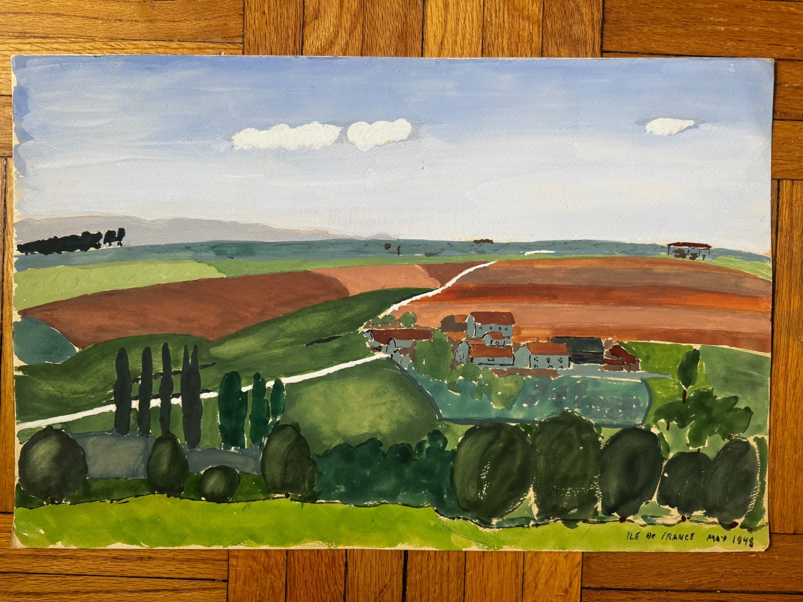 French 1940s Original Watercolor Gouache Painting Landscape Ile De France 19×12