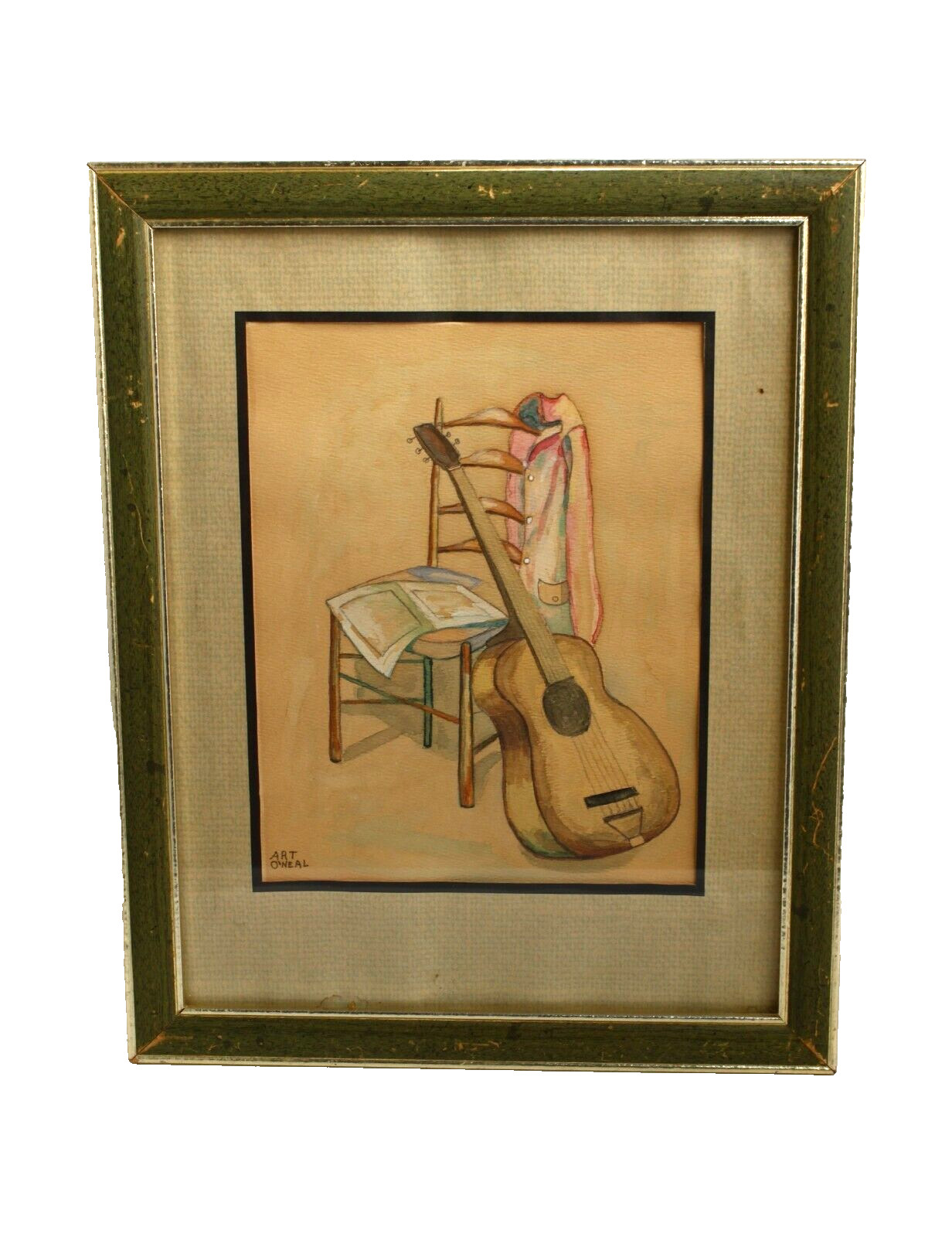 Vintage «My Old Guitar» Still Life Watercolor Painting Signed Art O’Neal
