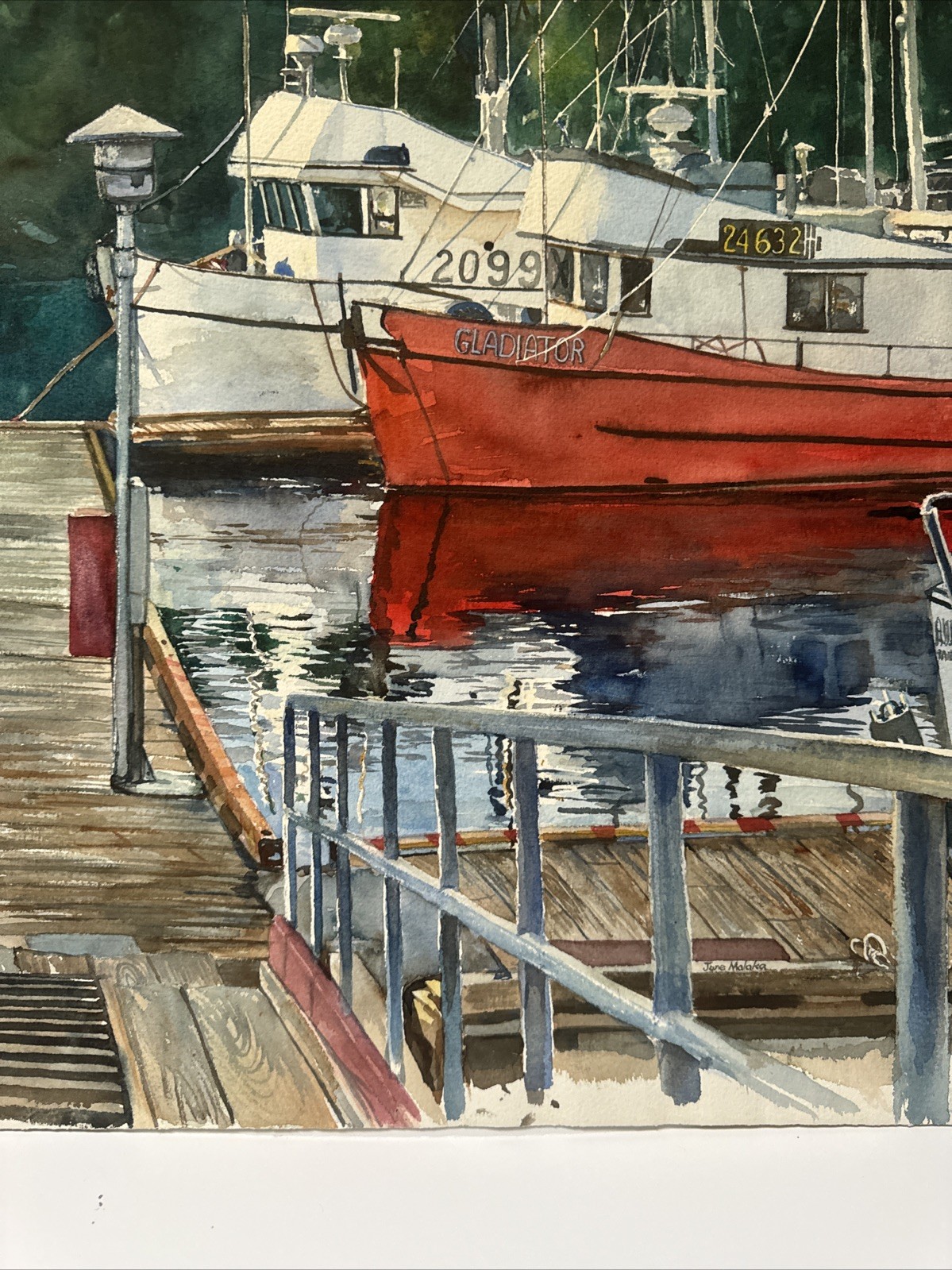 AMERICAN REGIONALISM PAINTING BOAT DOCK MARINA PORT JUNE MALAKA LISTED VINTAGE