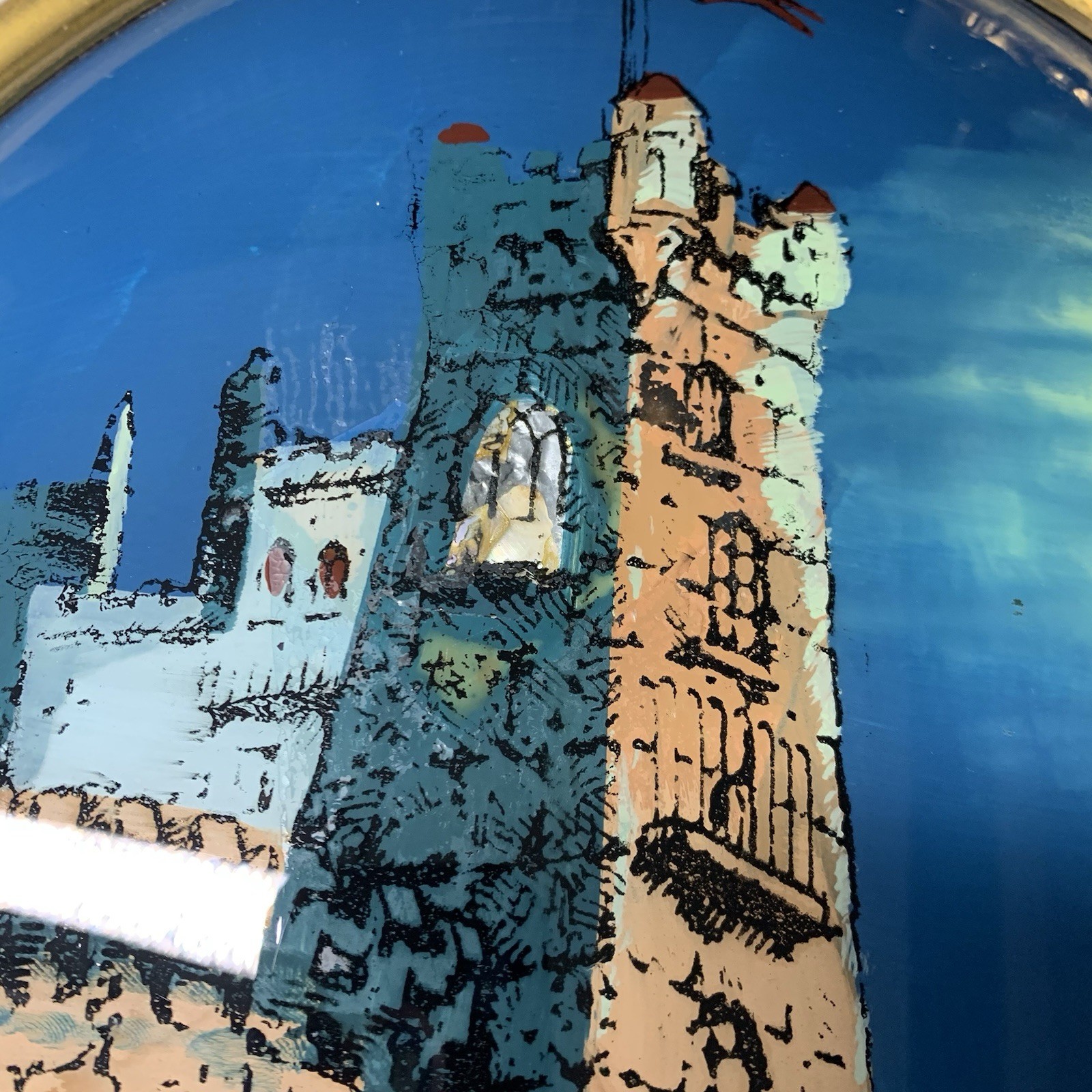 Antique Brass 1917 Baroque Castle In Belgium Reverse Painting On Convex Glass