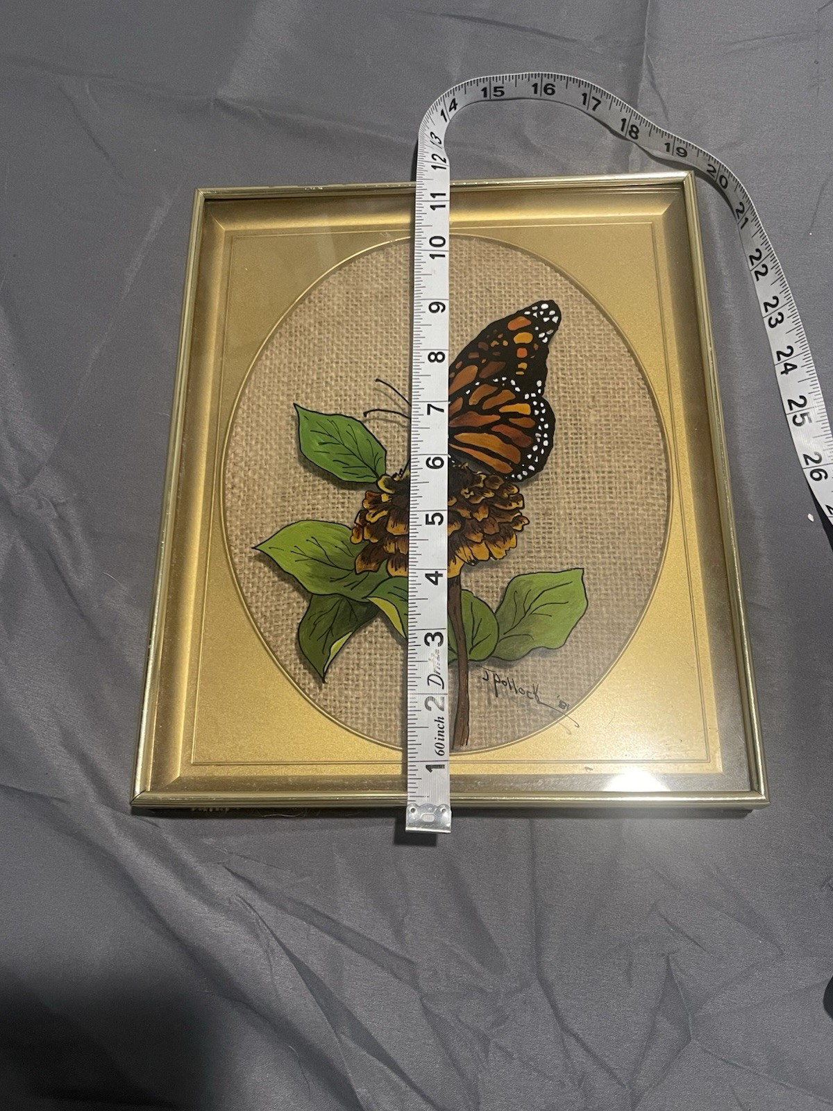 Vintage 1981 Reverse Glass Butterfly Painting Burlap Framed Art Pollock