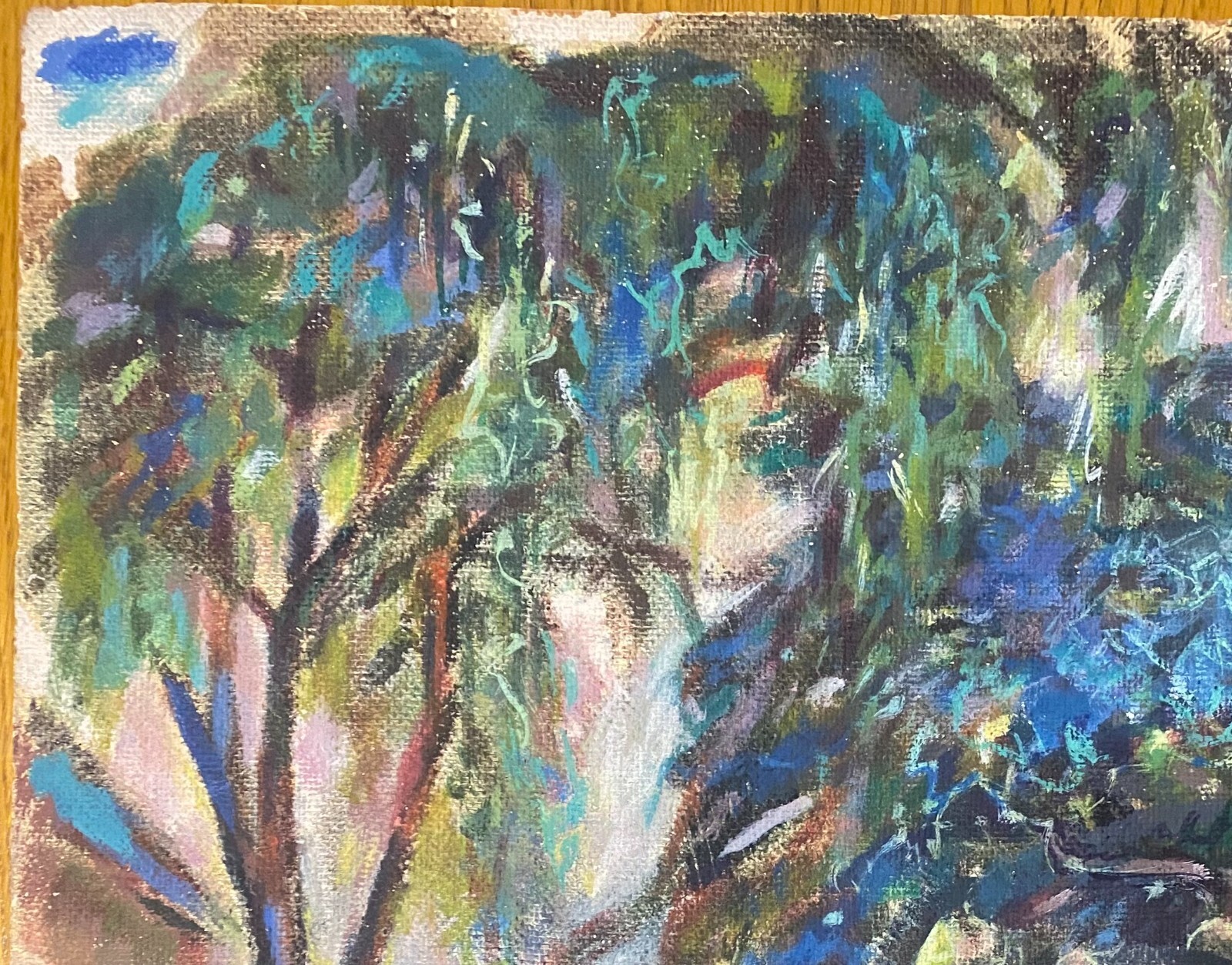 Colorful Original Modernist / Impressionist Artist Oil on Board W/ House & Pond