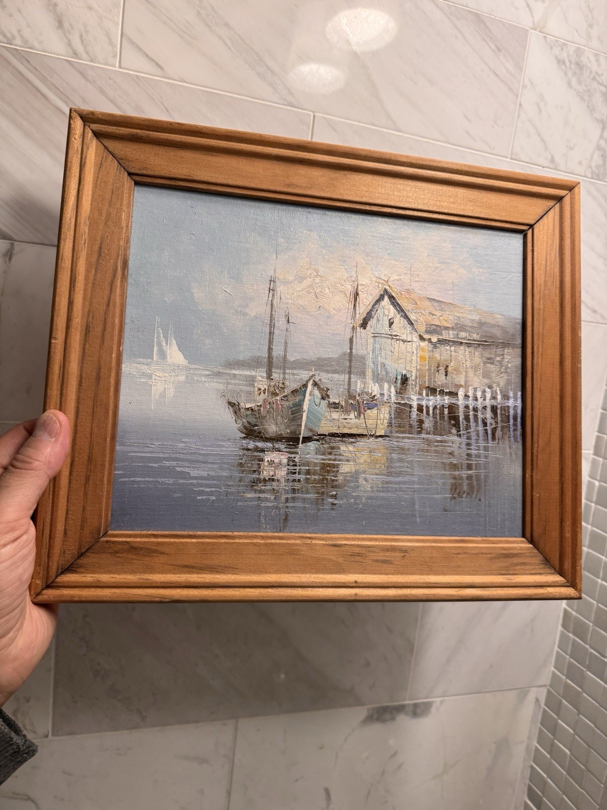 Signed LUNI Original Nautical Boats in Harbor Oil on WOOD Board Framed 12”x10.5”