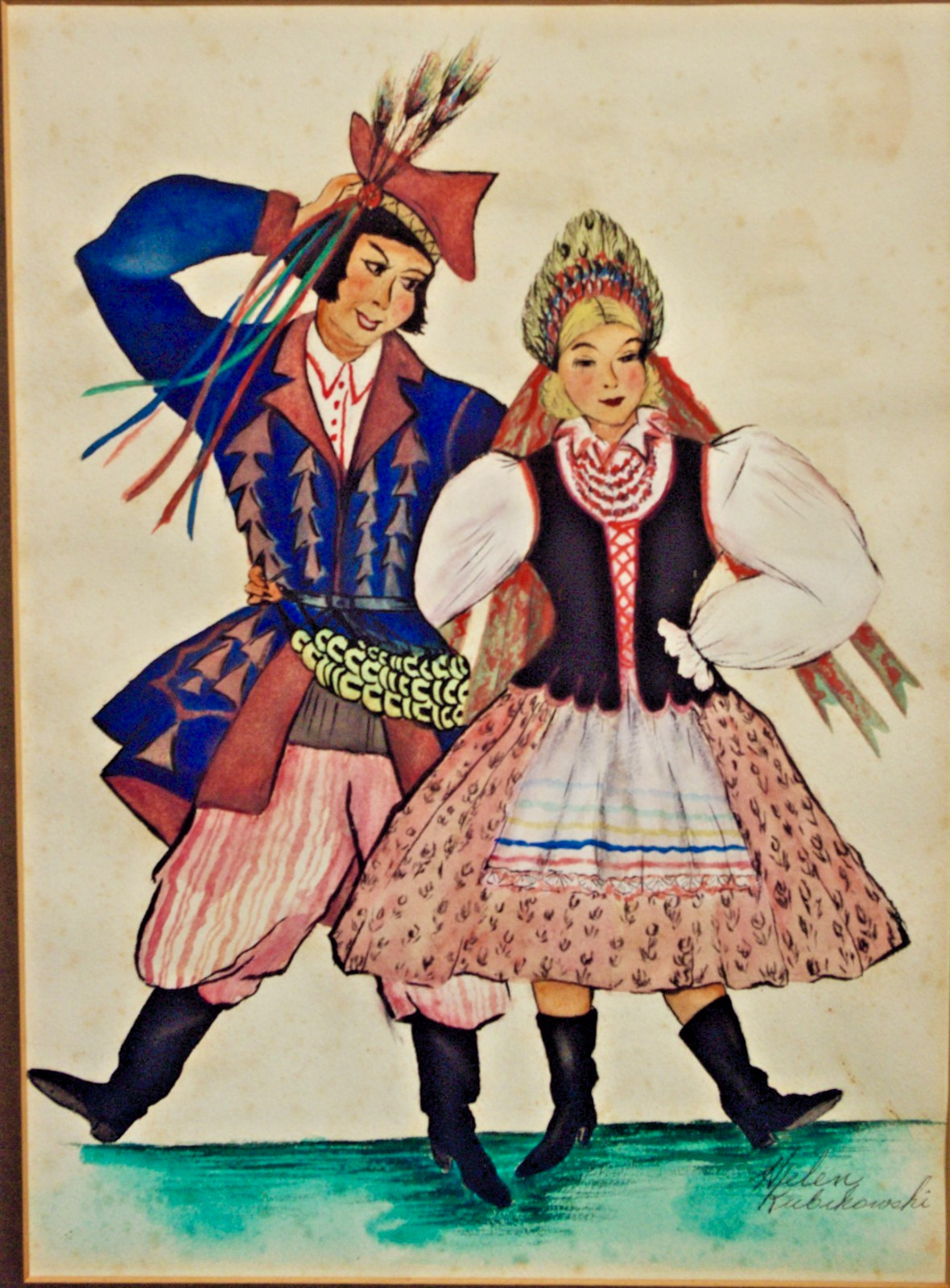 Watercolor- Framed Signed- Helen Kubikoski Polish Folk Dance Kujawiak Vintage