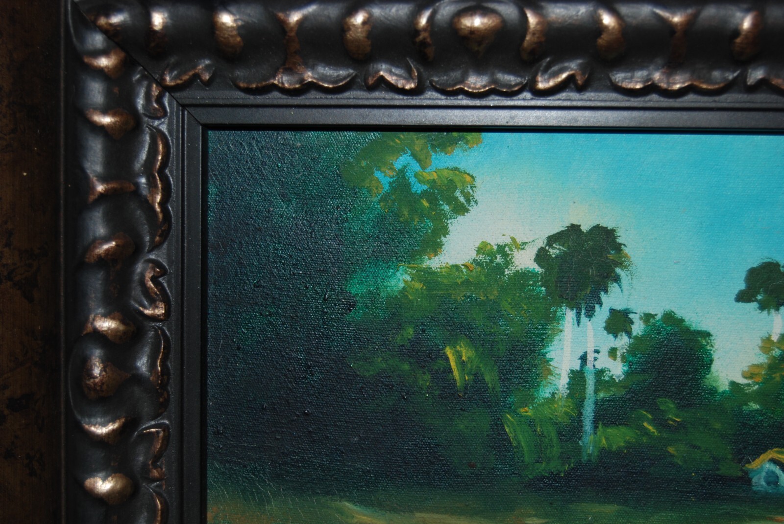 FRAMED SIGNED OIL PALMS AND HUT (BOHIO) A CUBAN COUNTRY SCENE ARTIST: CASTRILLON