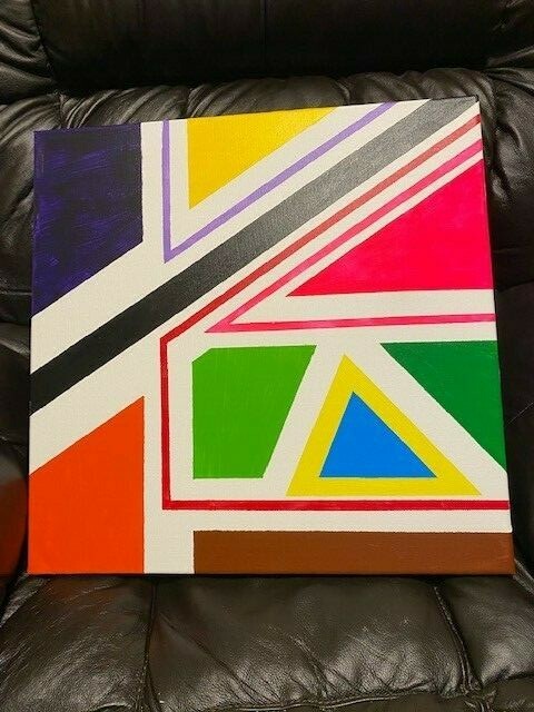 Geometric figures. Blue and yellow pyramids. Black line. SQUARES. LINES.