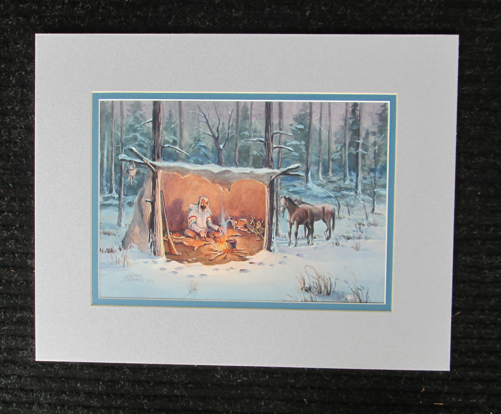 Sharon Sharpe Signed Cowboy and Pack Horse Western Art Winter Shelter Watercolor