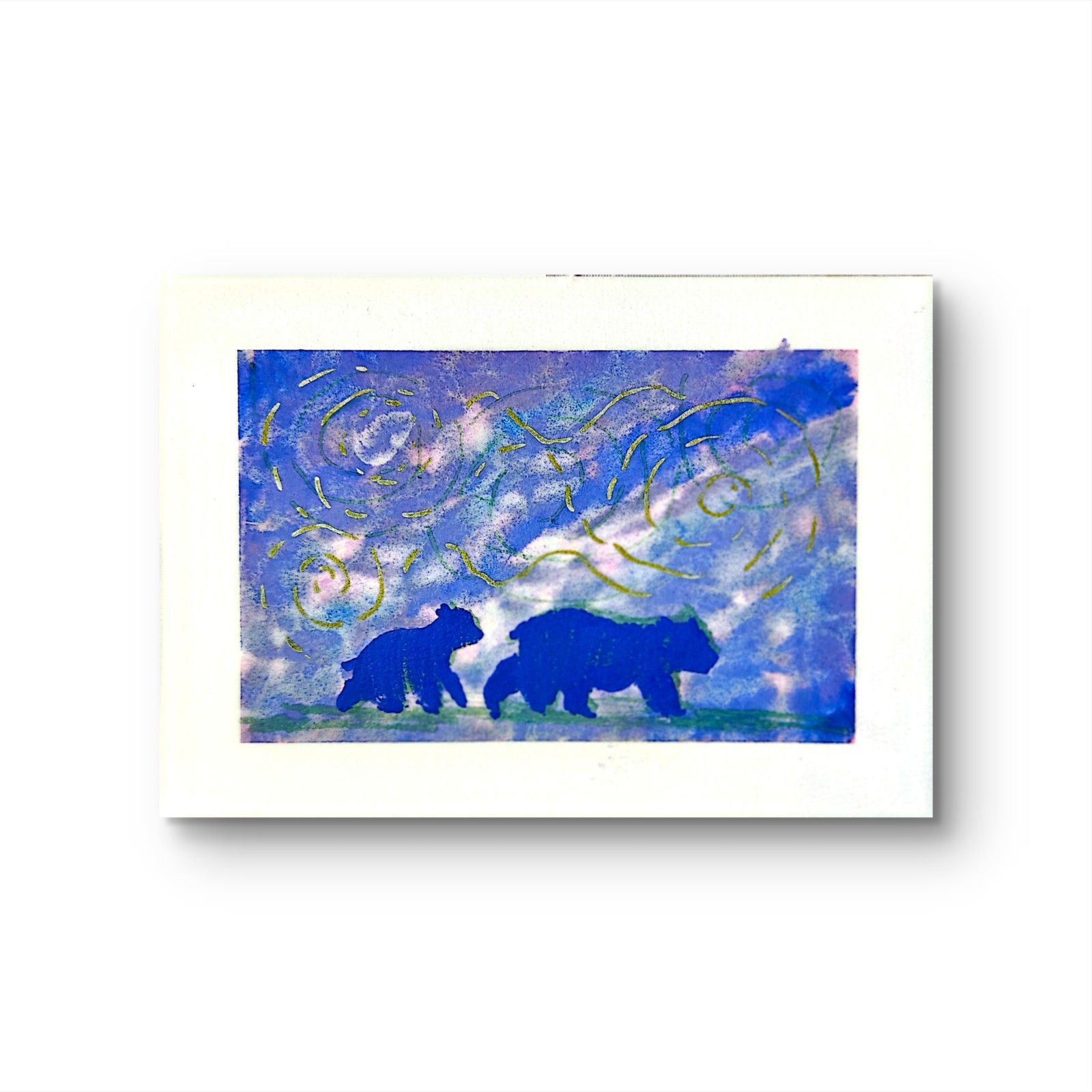 Two Bears In Northern Lights Original Abstract Contemporary 5×7 Paper Signed