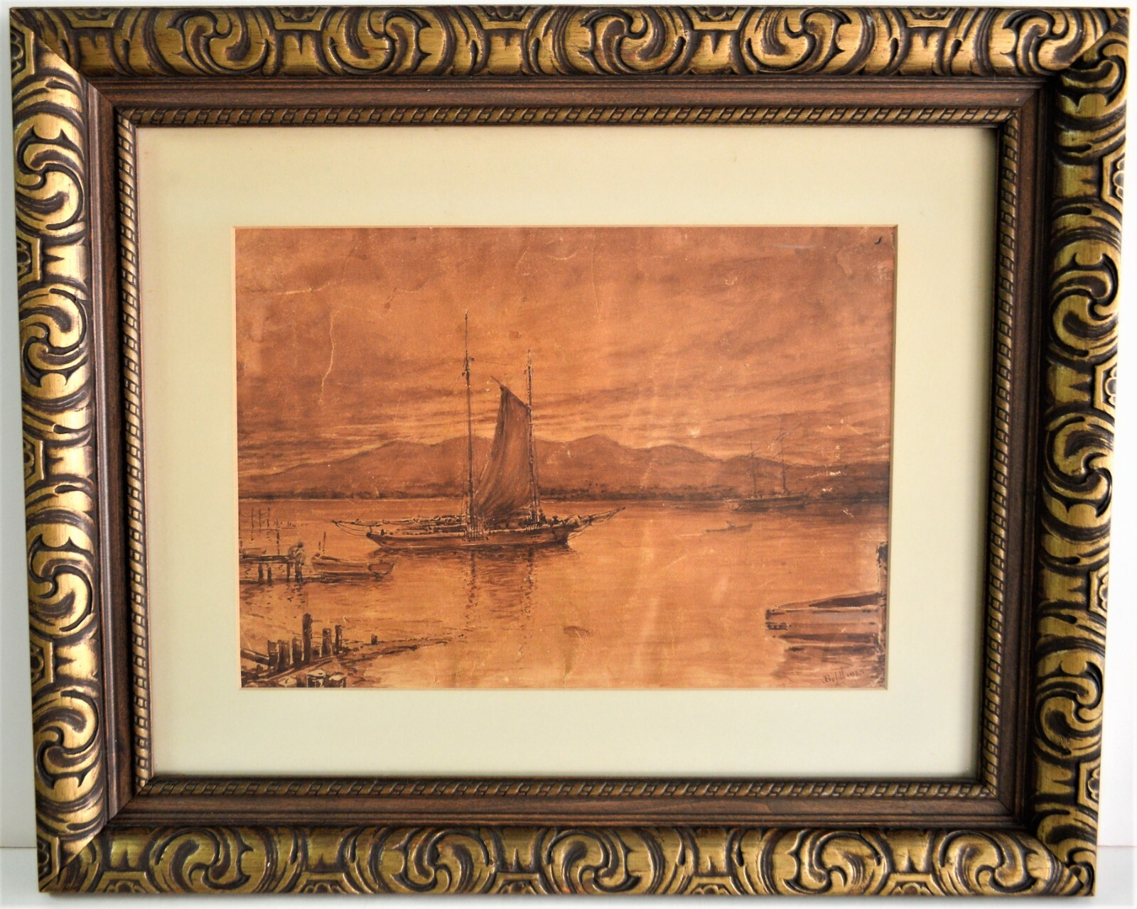 ANTIQUE WATERCOLOR INK ON PAPER SIGNED DATED 1925 HARBOR SEA PORT SAILING BOAT