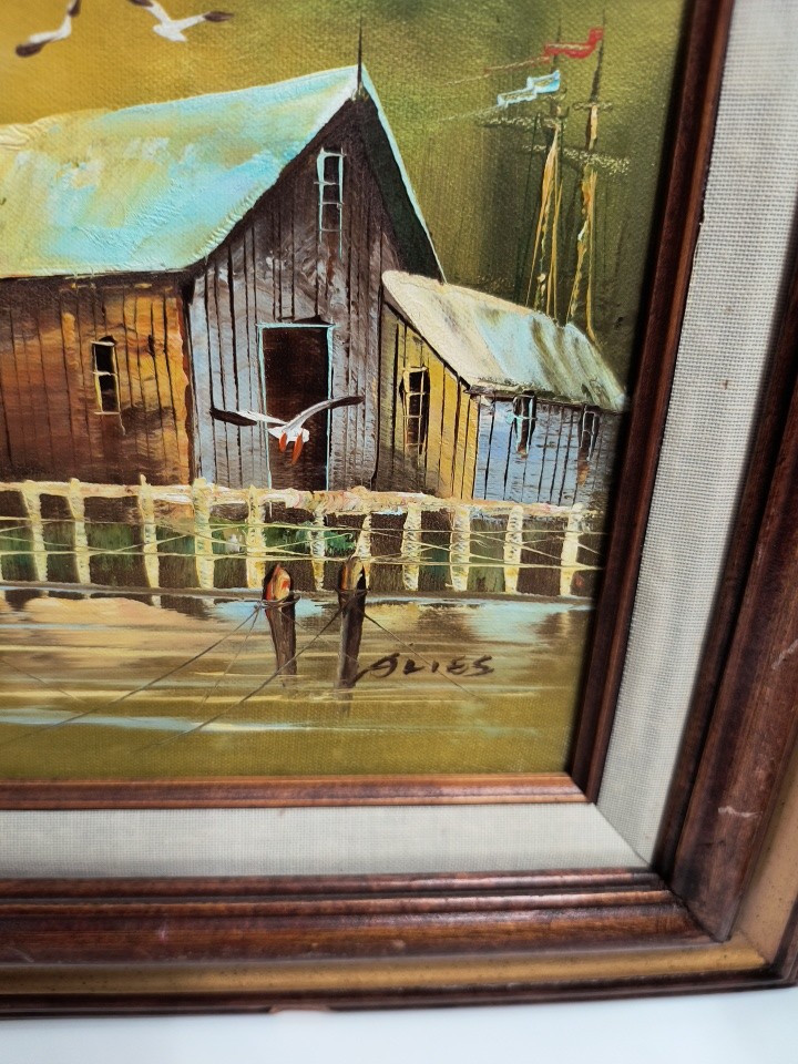 Vtg Framed Original L. Alies Marine Boat Scene Impressions Oil Painting 15 x 17