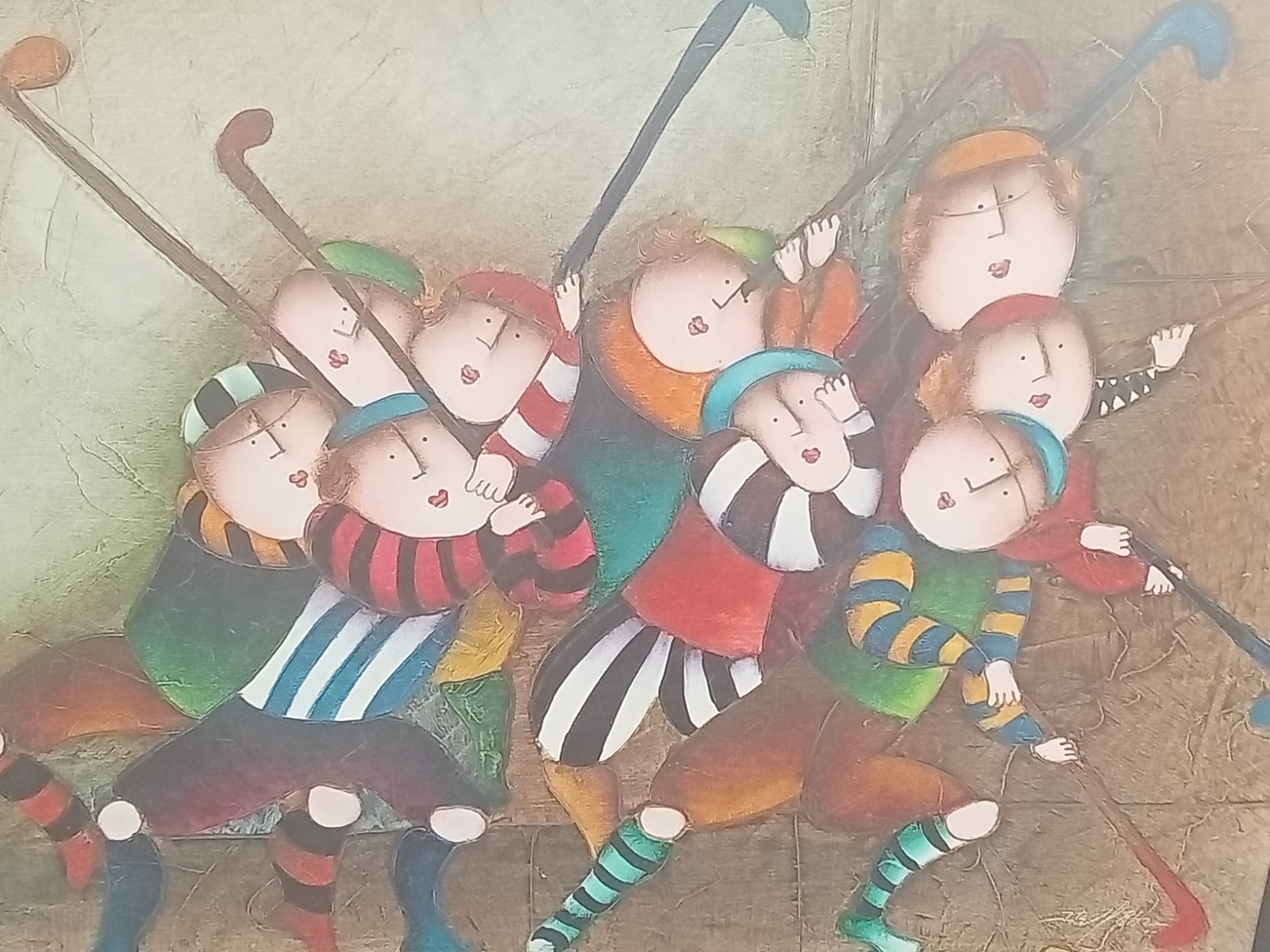 J. Roybal Children Playing Hockey Painting Signed