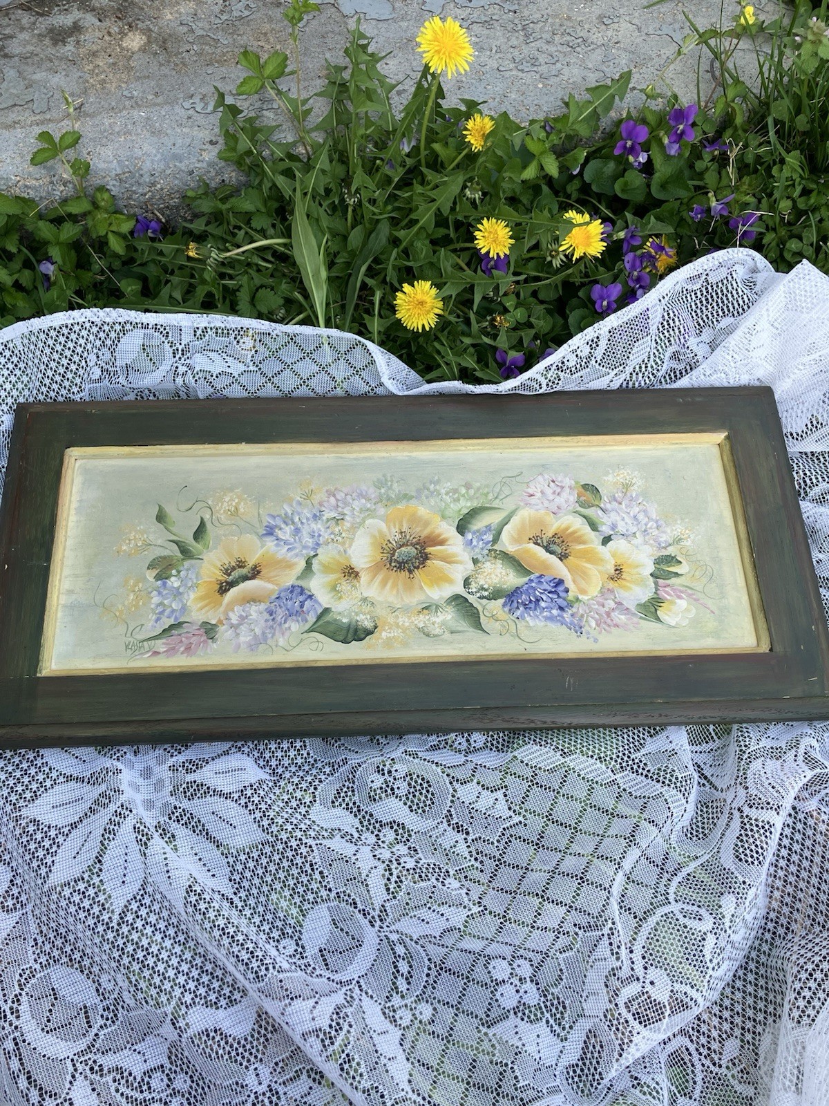 Hand Painted Floral Wooden Art Brown Yellow Green Purple