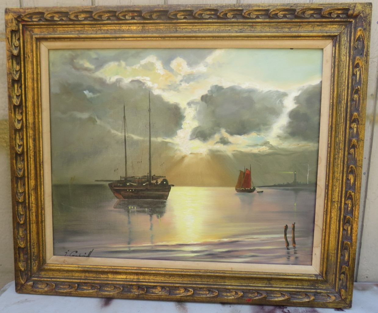1920’S SEASCAP OIL ON CANVAS PAINTING SUNSET OVER LAKE LEMAN IN SWITZERLAND