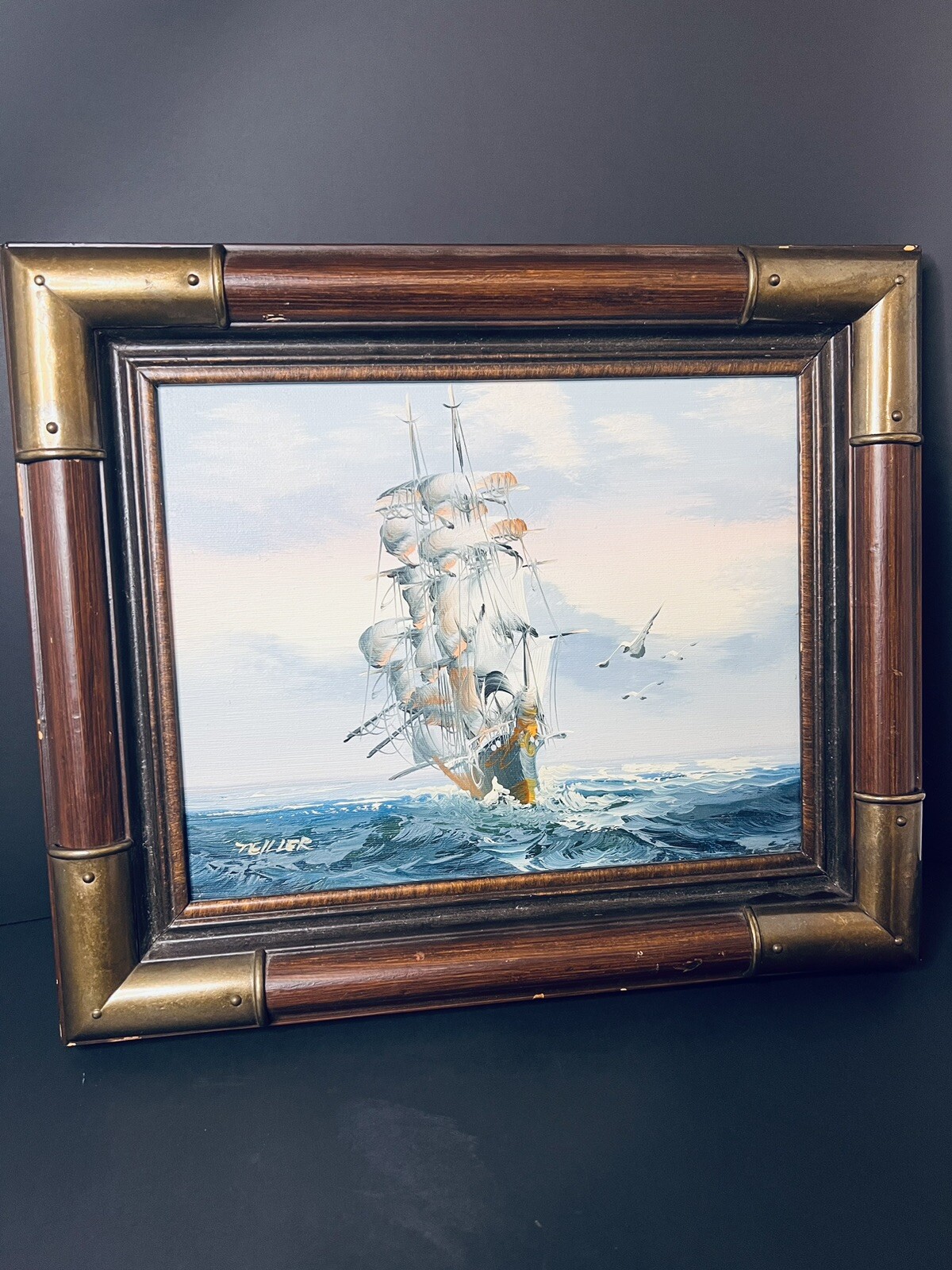 Sailboat and seagulls. Oil Painting framed Picture Signed by the Teiller.