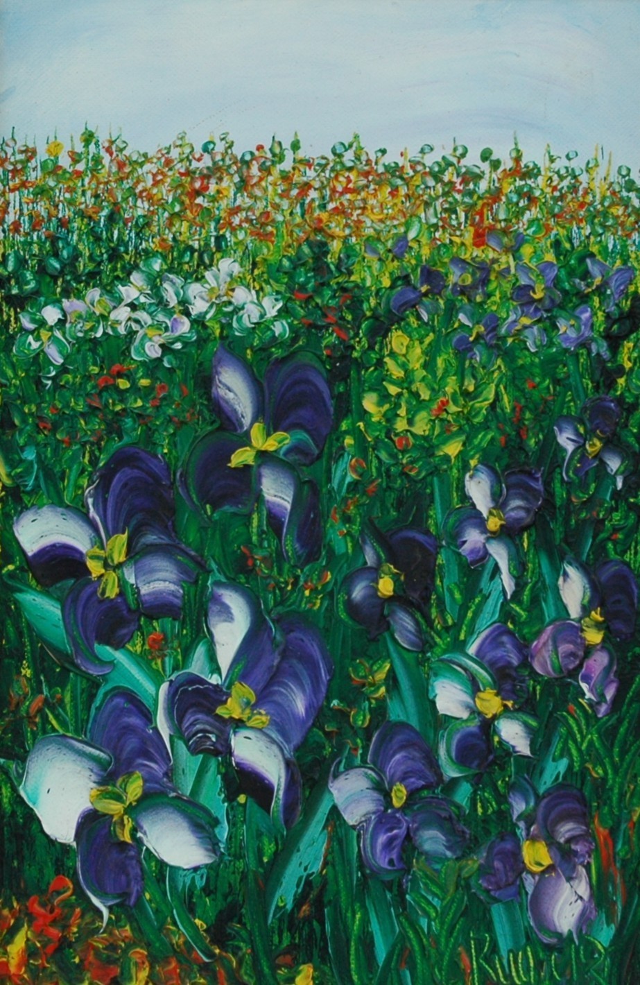 Lovely Signed Oil on Canvas Floral Scene With Purple Iris and Other Flowers
