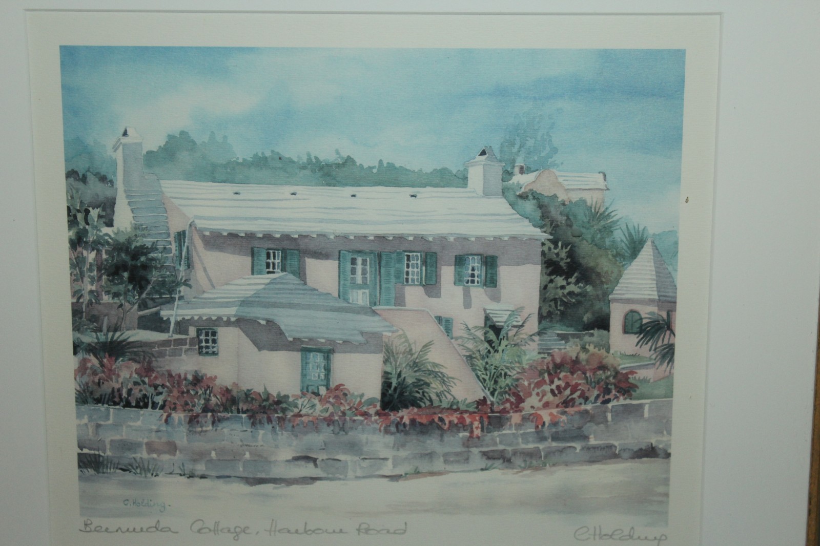 Framed C. Holding Signed BERMUDA COTTAGE HARBOUR ROAD Watercolor Print