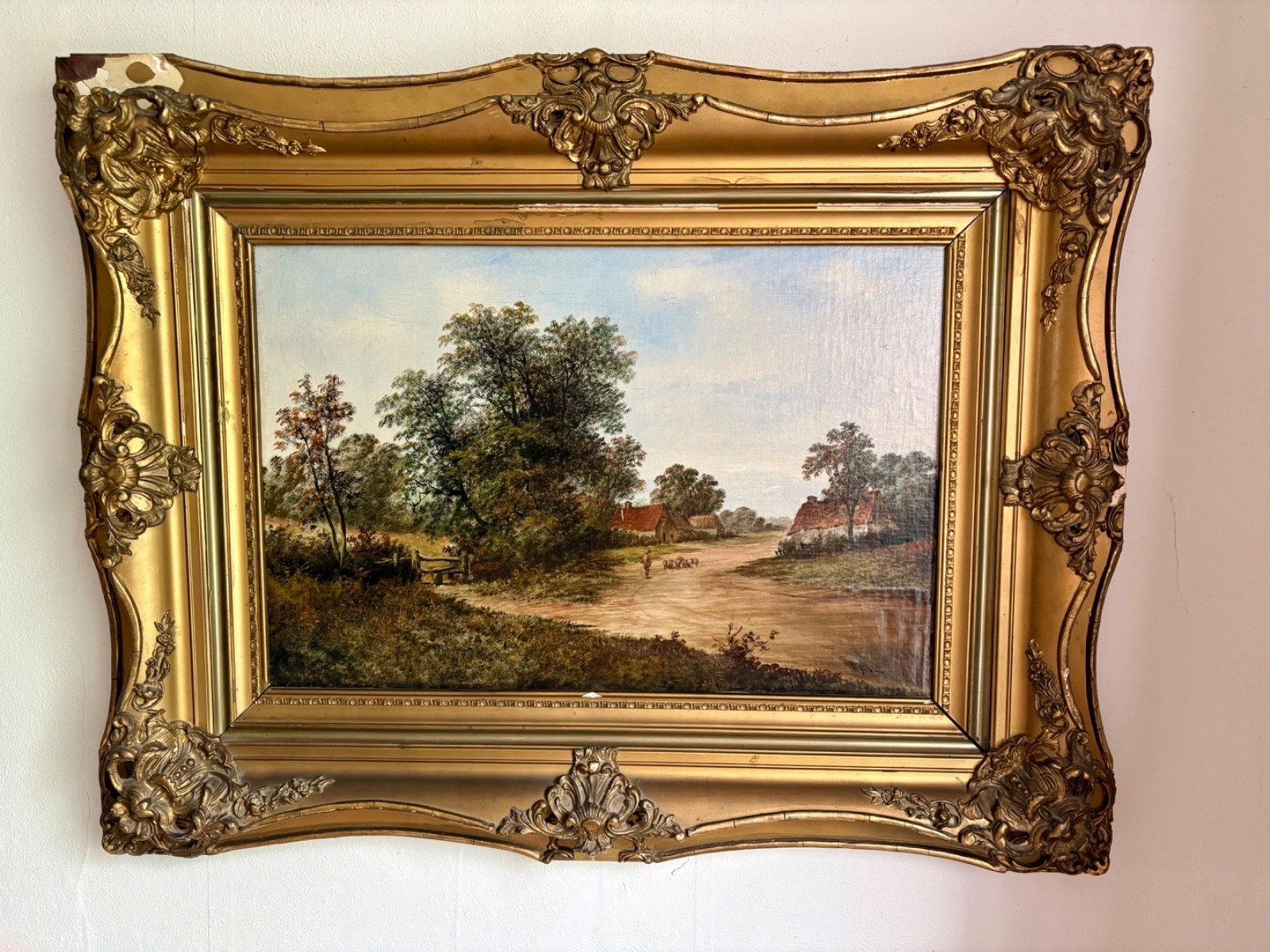 Antique 19th Century English Landscape Signed WAYLAND Large Ornate Gilt Frame