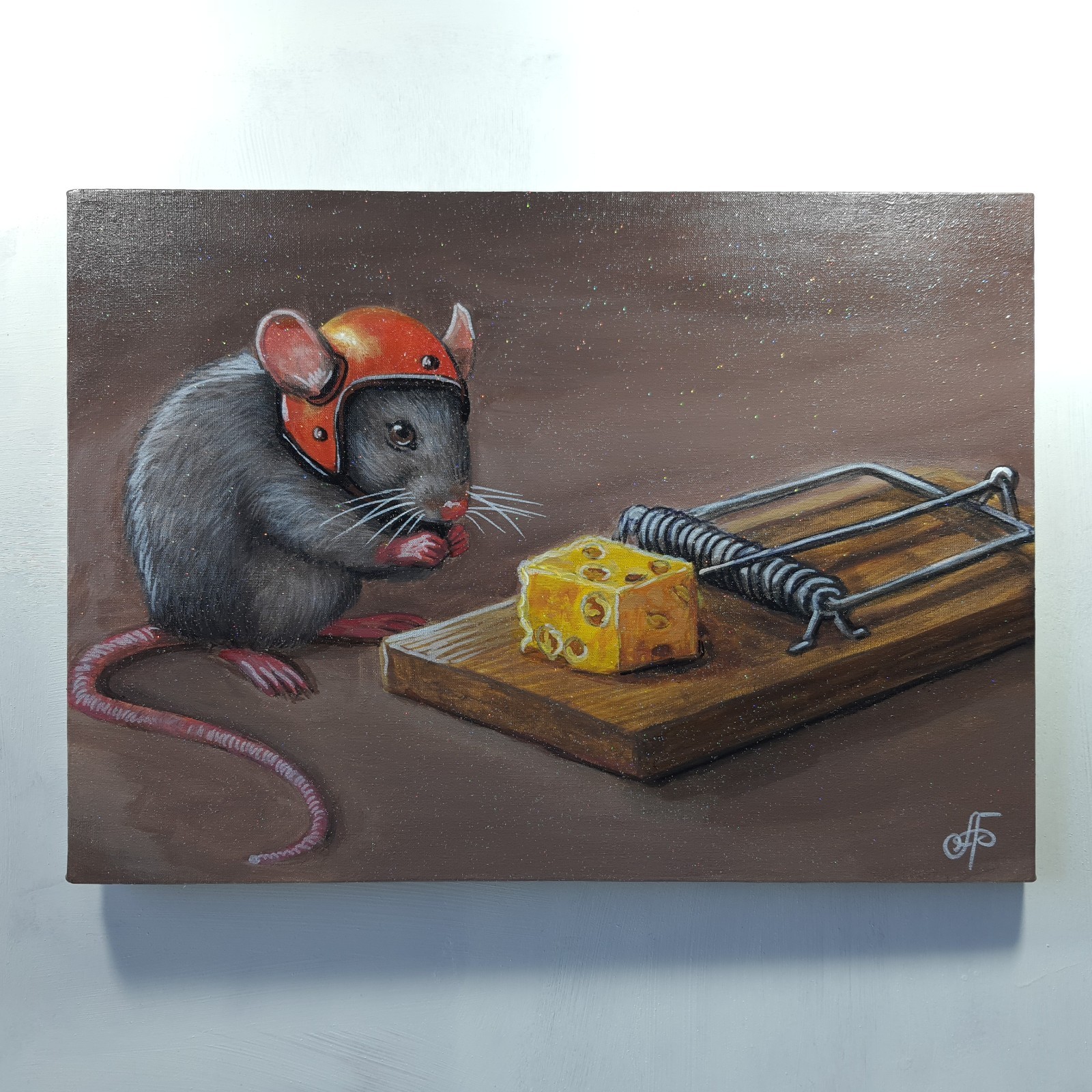 Brave Little Mouse and the Cheese Trap Funny Animal Painting Ukraine Artist