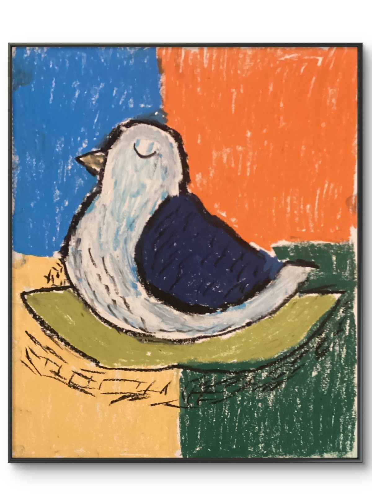 Abstract Geometric Colorful MCM Orange Green Blue Bird Doodle Art 11×14 on Paper