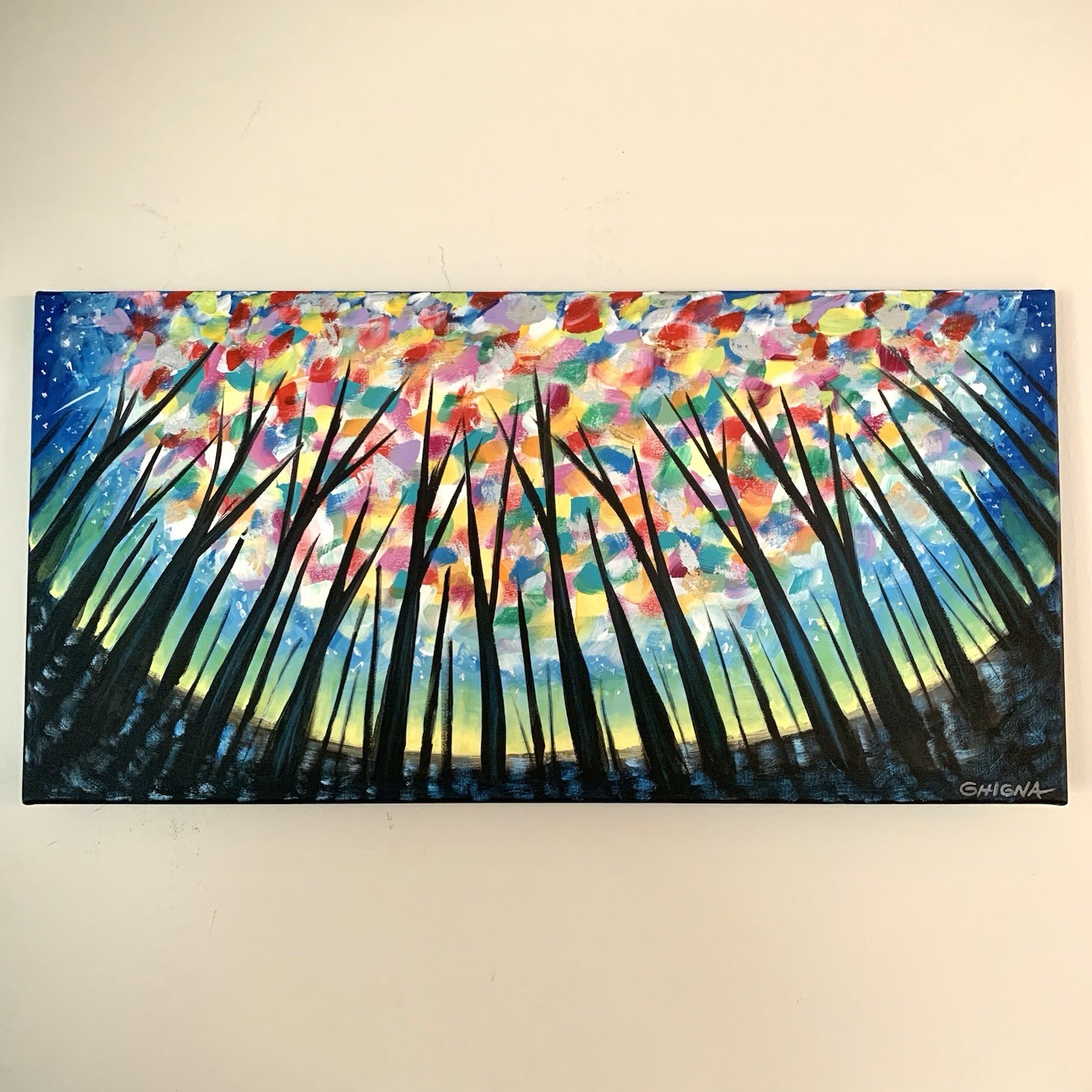 Original Art Landscape Nature Tree Painting “Morning Forest” 12×36” Canvas