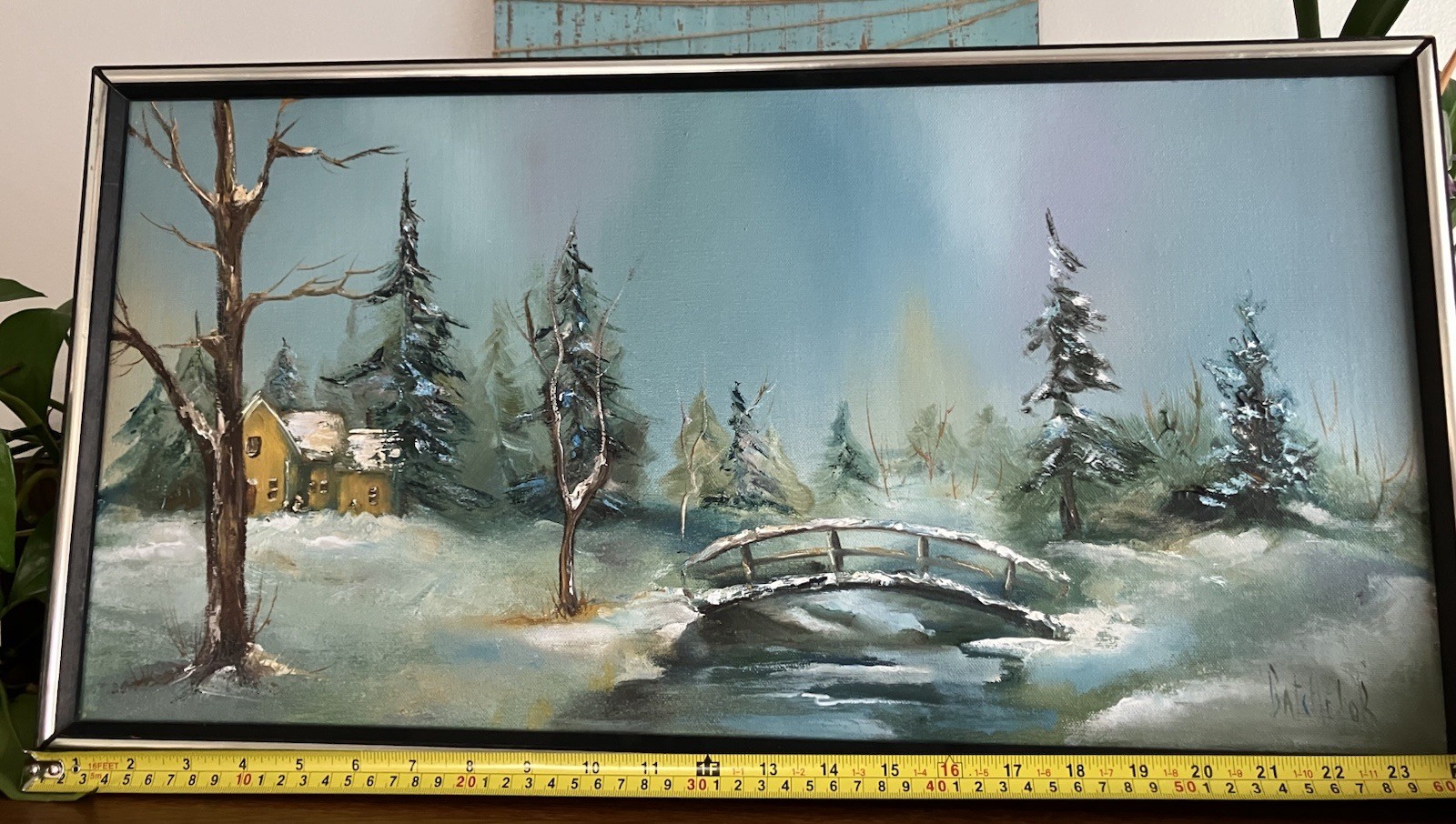 Vintage 24” Winter Forest Snow Aurora Borealis Oil Painting Signed Batchelor