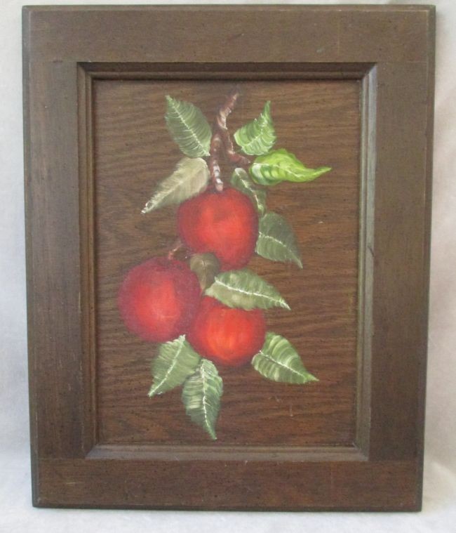 Vintage Original Folk Art Still Life Oil Painting of Peaches on Wood Panel 12×15