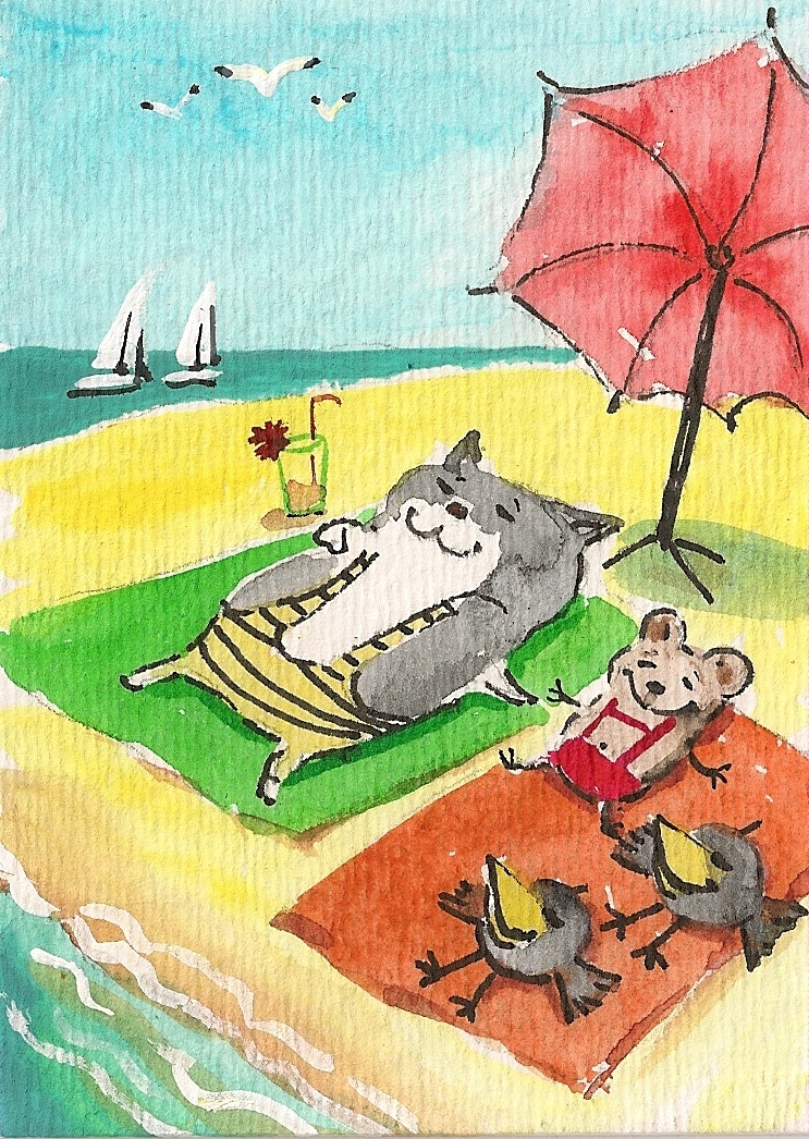PRINT OF ACEO PAINTING RYTA TUXEDO CAT MOUSE CROW BEACH SEASCAPE vacation art 🌸