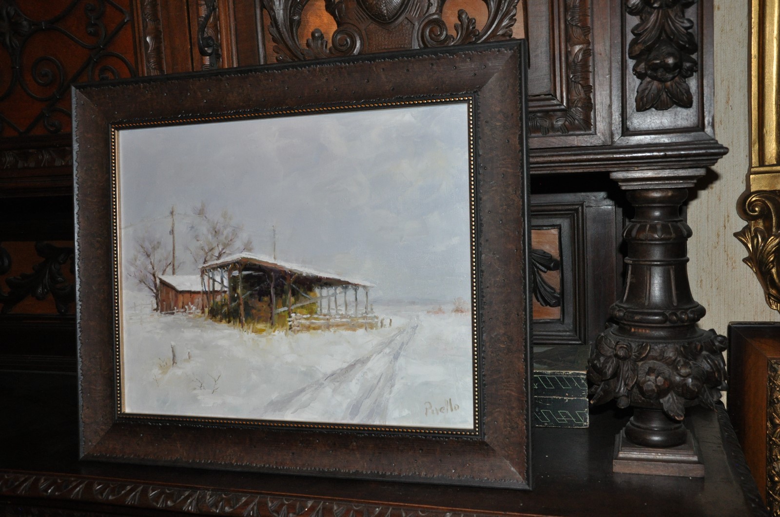 wonderful Hay shelter in snow oil Painting by Artist Dennise Pirello