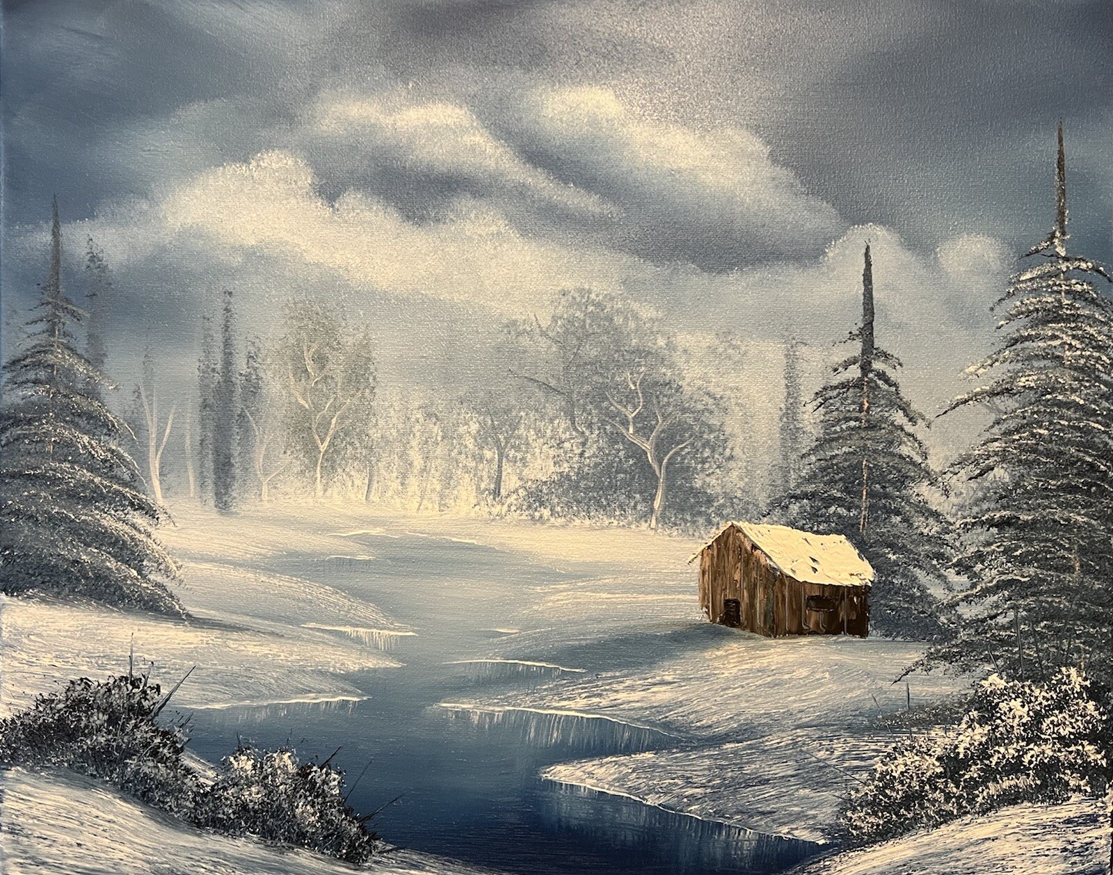 Winter cabin cold landscape painting oil on canvas “Before the Snowfall” 16x20in