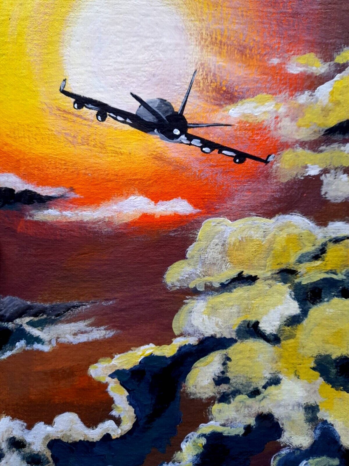 Airplane Original Painting sunset Wall Art Red Cloud Travel Artwork Signed