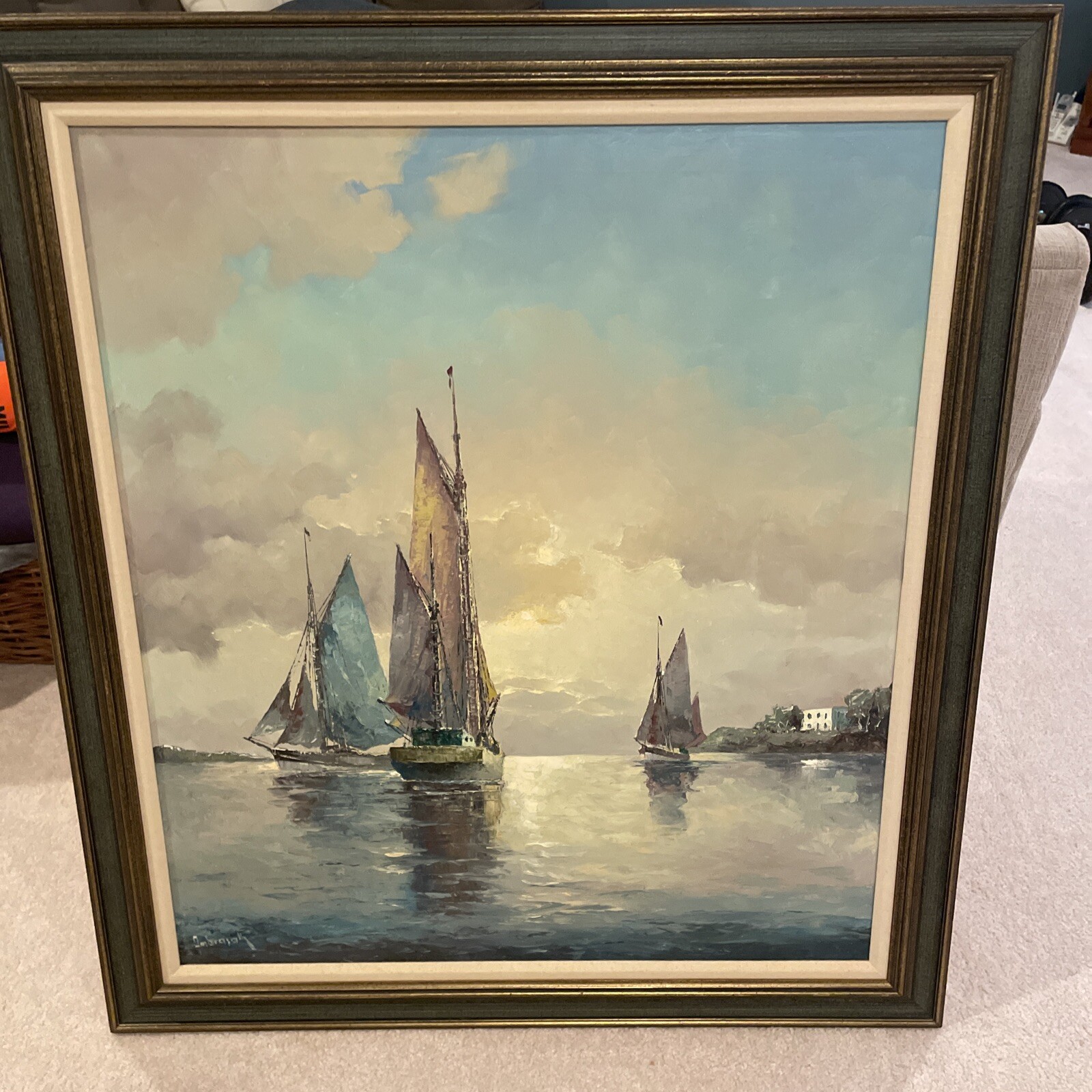 Original Franz Ambrasath Oil Painting Sail Boats Under Sunset. 28in By 32in