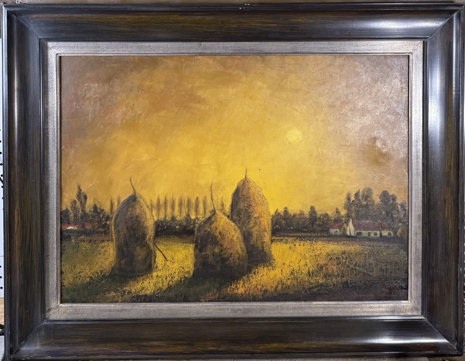 Vtg European Oil On Canvas Haystacks Sunset Landscape Signed Large Wood Frame
