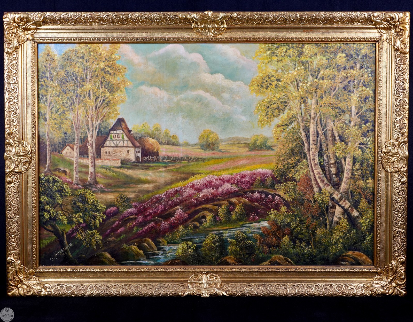 Vintage Original Pastoral Landscape Oil on Canvas «Spring Village By the Stream»
