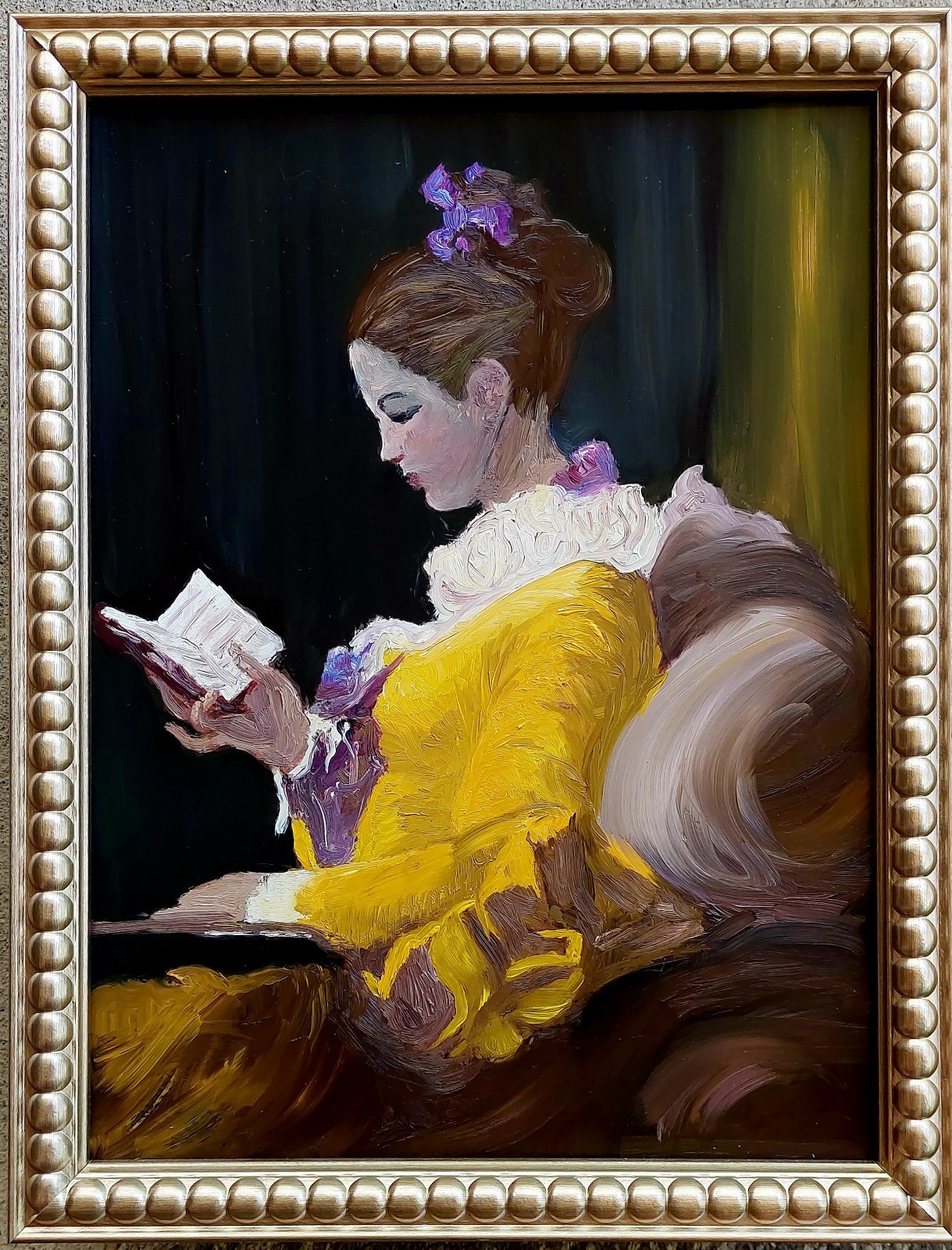 Oil original painting on board size 13×10 inches «A Young Girl Reading» FRAMED