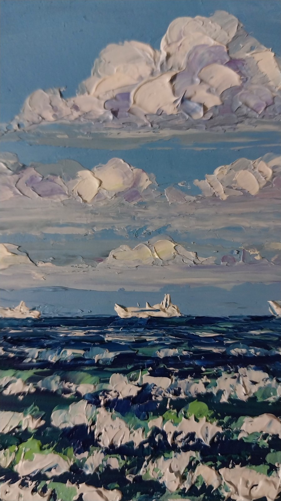 Framed Small Seascape Cloudy Sky Sea Waves Art 4×4 Impasto Oil Painting Original