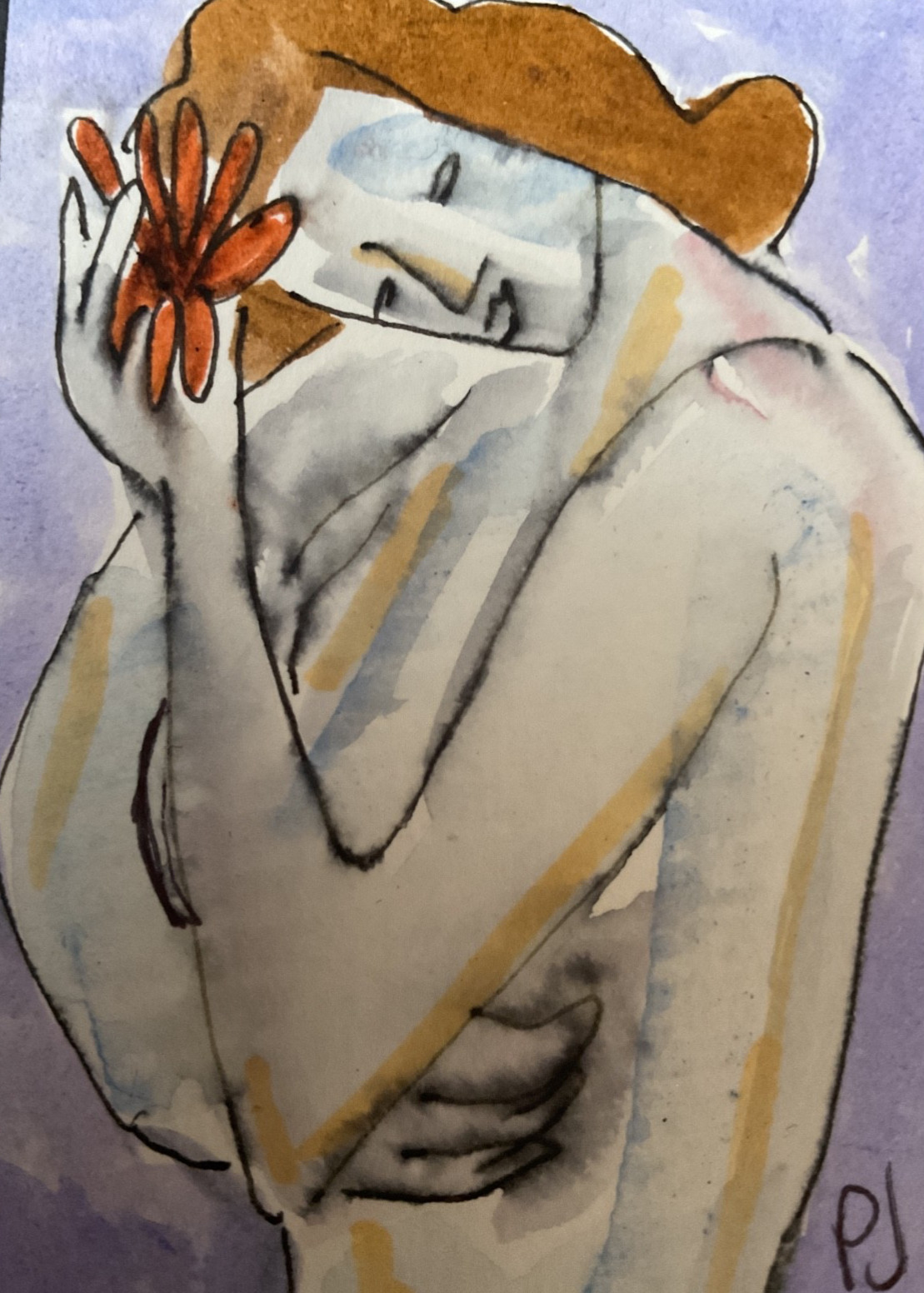 ACEO watercolor art by PJ, art card 2.5 x 3.5: abstract lady.