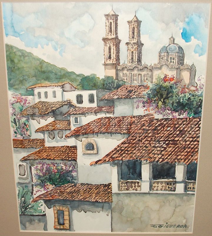 SPANISH TOWN ORIGINAL WATERCOLOR LANDSACPE PAINTING