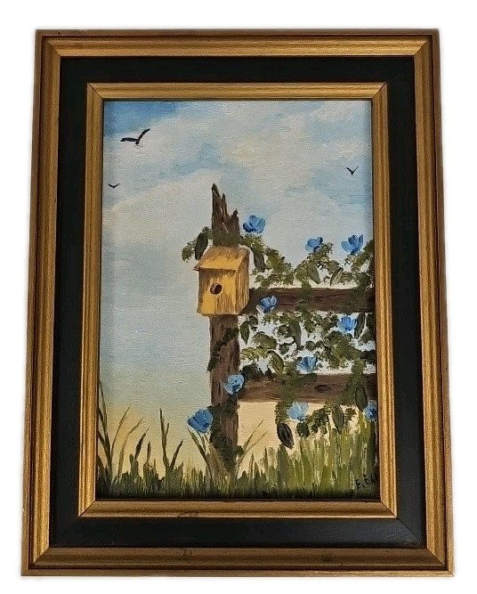 Vtg Original Oil Acrylic Painting Homestead Scene Birdhouse Blue Flowers Vines